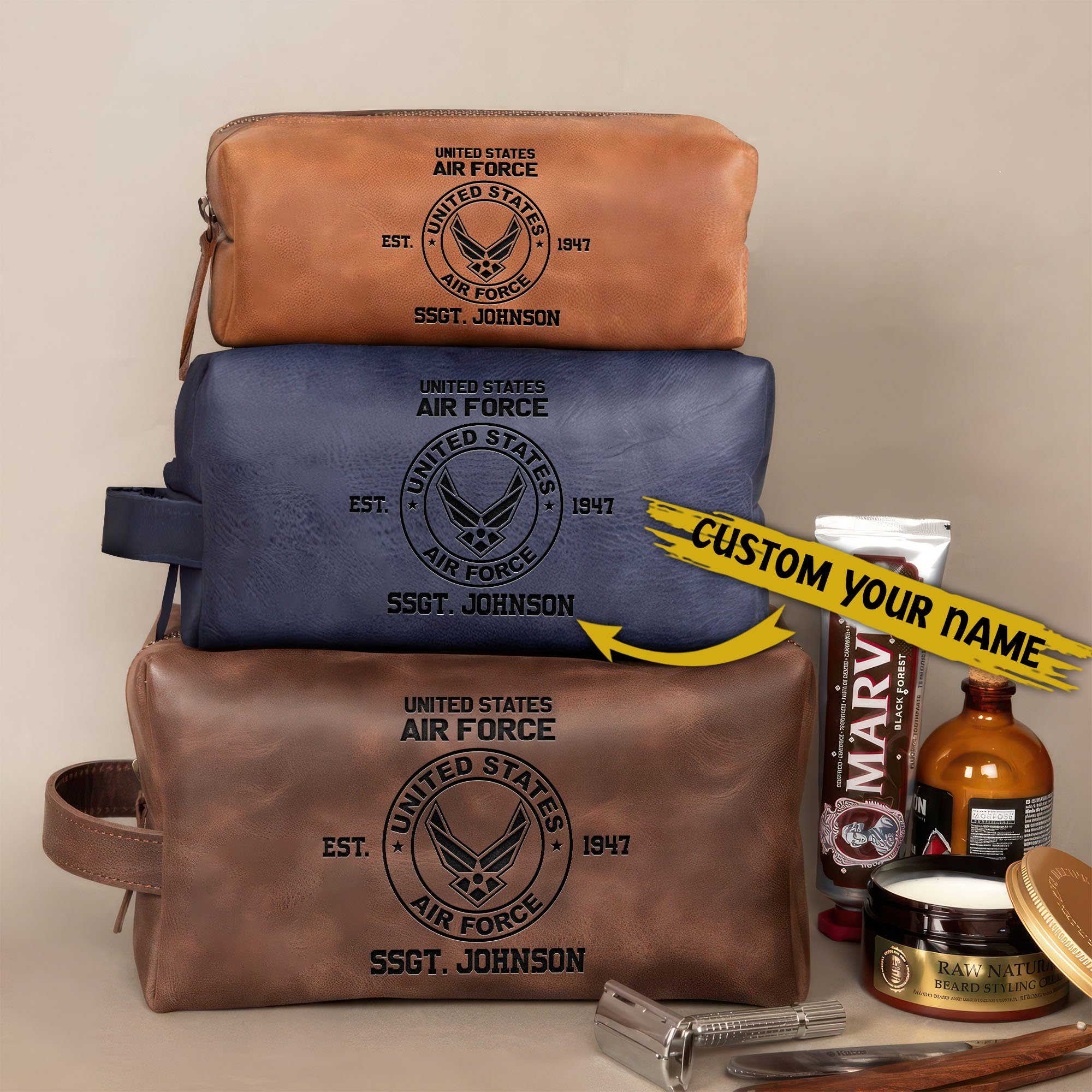 U.S. Air Force Leather Toiletry Bag For Men Custom Name, Engraved Leather Dopp Kit Bag, US Military Gifts EHIVM-58917