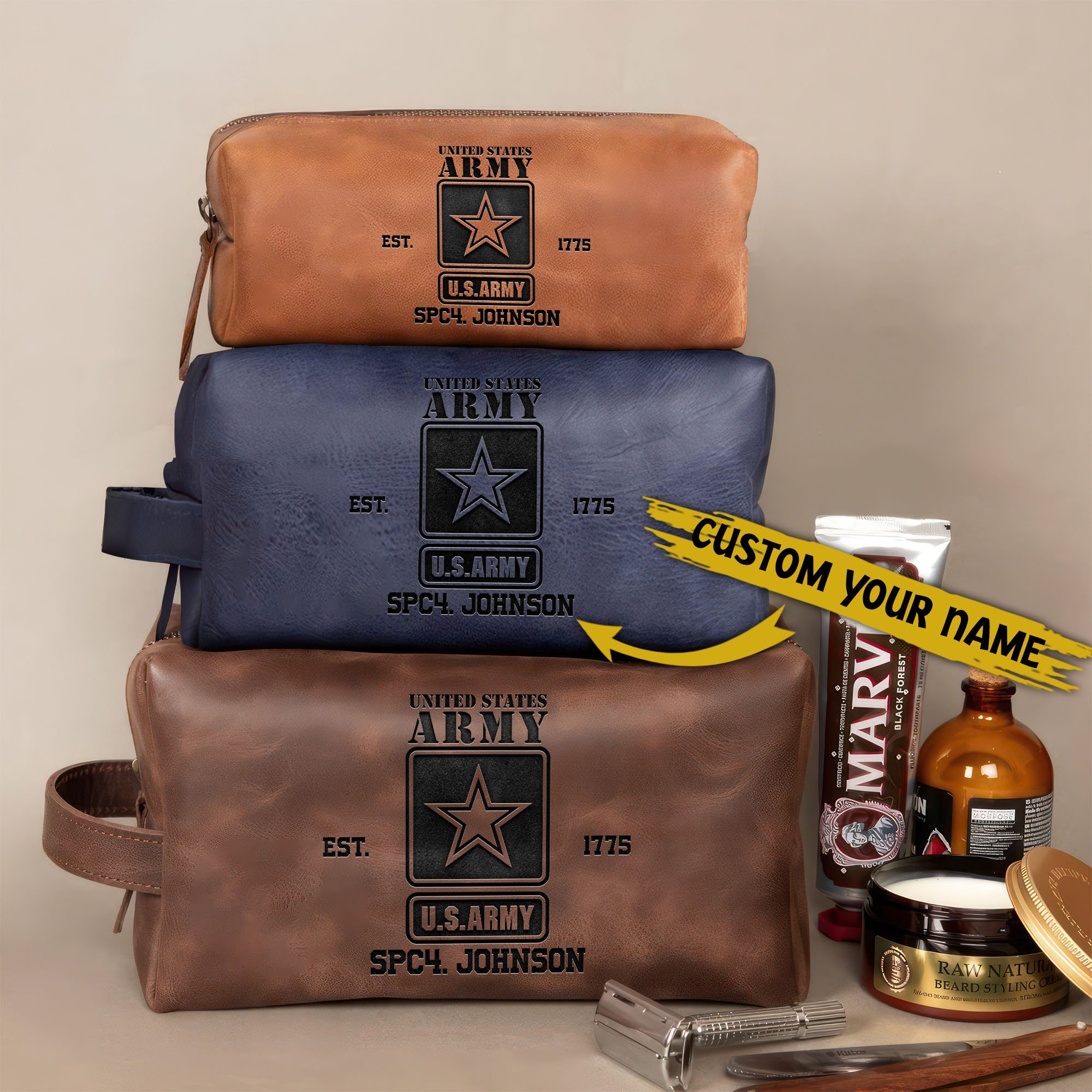 U.S. Army Leather Toiletry Bag For Men Custom Name, Engraved Leather Dopp Kit Bag, US Military Gifts EHIVM-58917