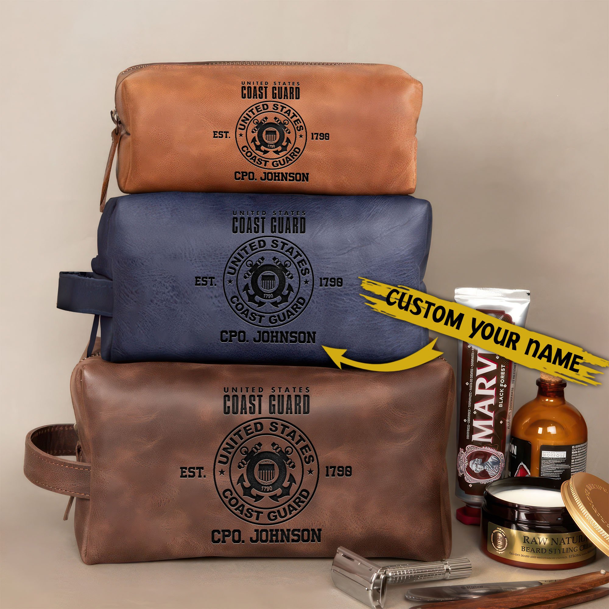 U.S. Coast Guard Leather Toiletry Bag For Men Custom Name, Engraved Leather Dopp Kit Bag, US Military Gifts EHIVM-58917