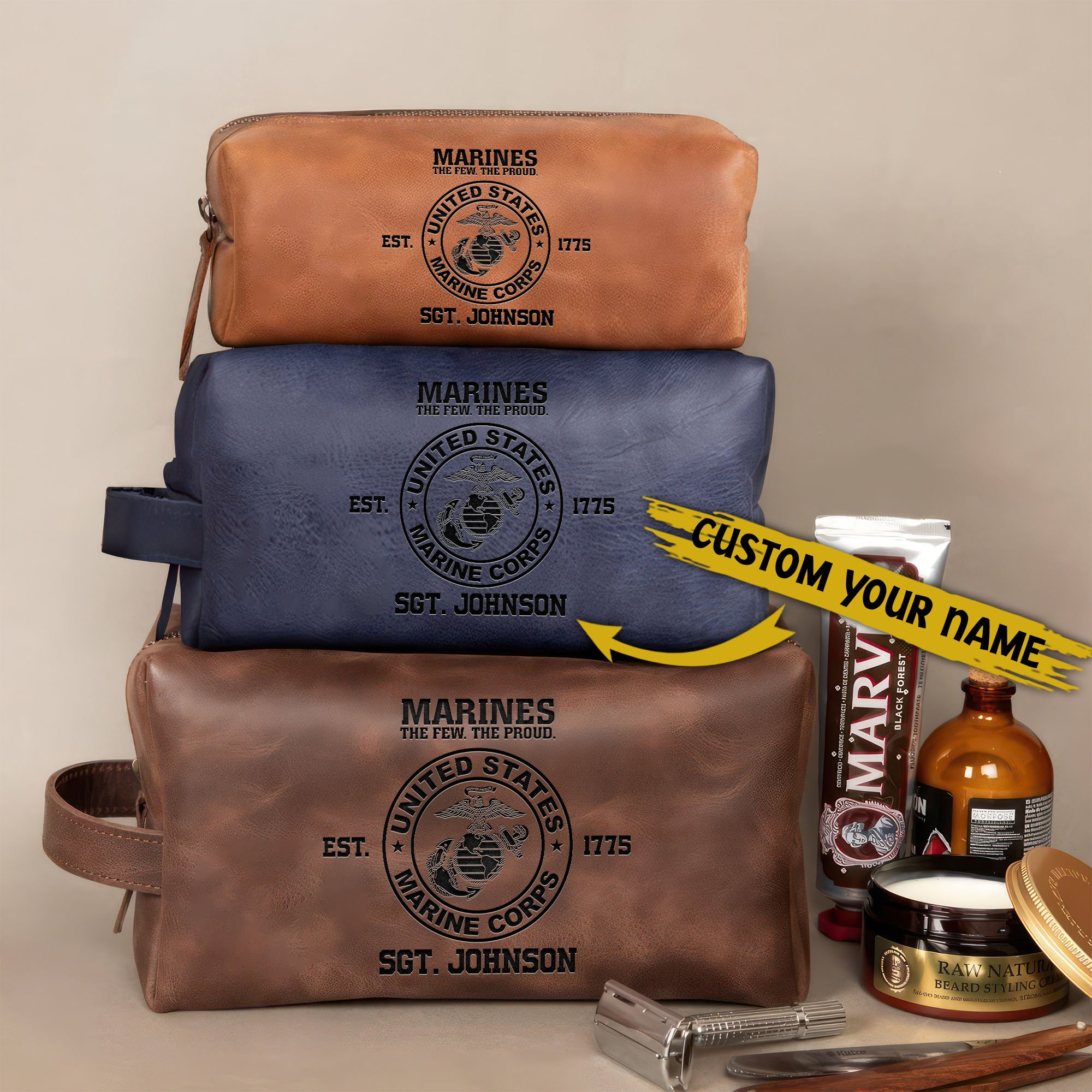 U.S. Marine Corps Leather Toiletry Bag For Men Custom Name, Engraved Leather Dopp Kit Bag, US Military Gifts EHIVM-58917