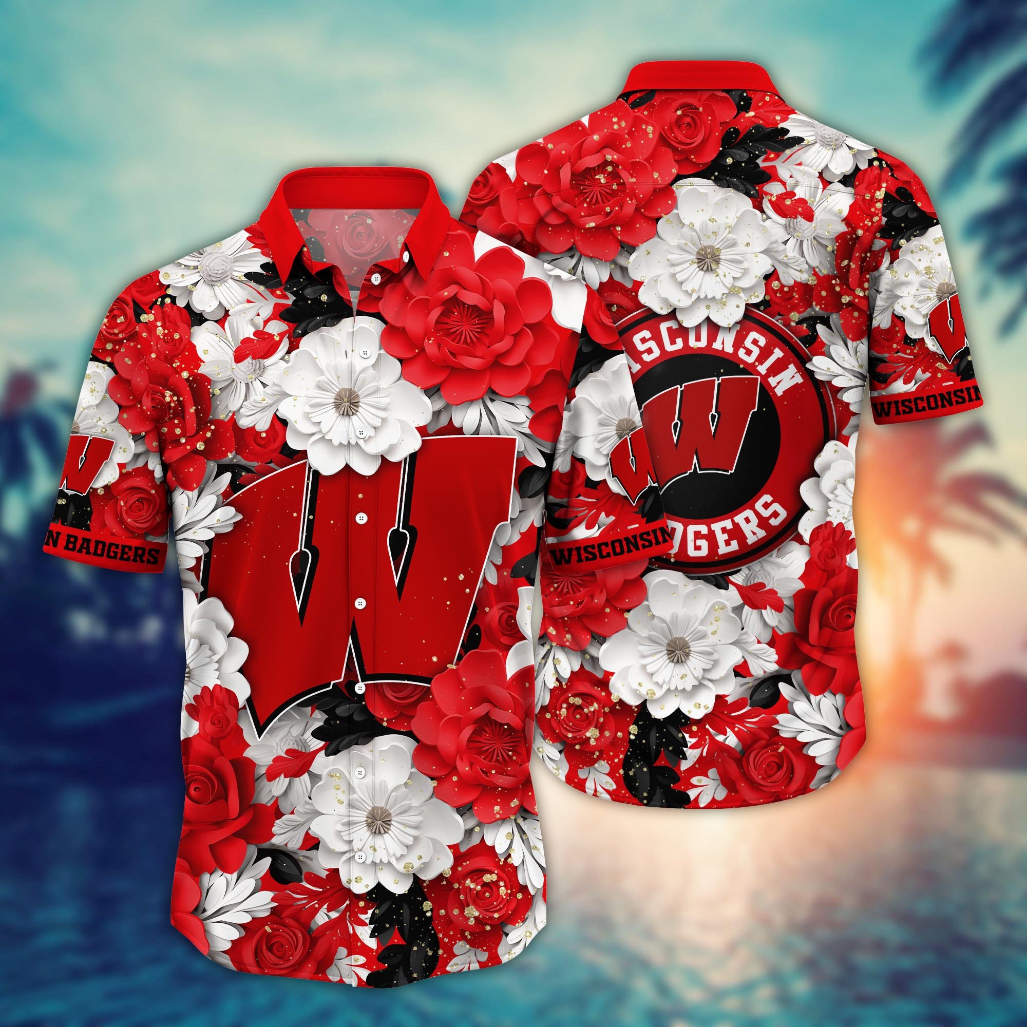 Wisconsin Badgers Flower Hawaii Shirt And Tshirt For Fans, Custom Summer Football Shirts NA49625