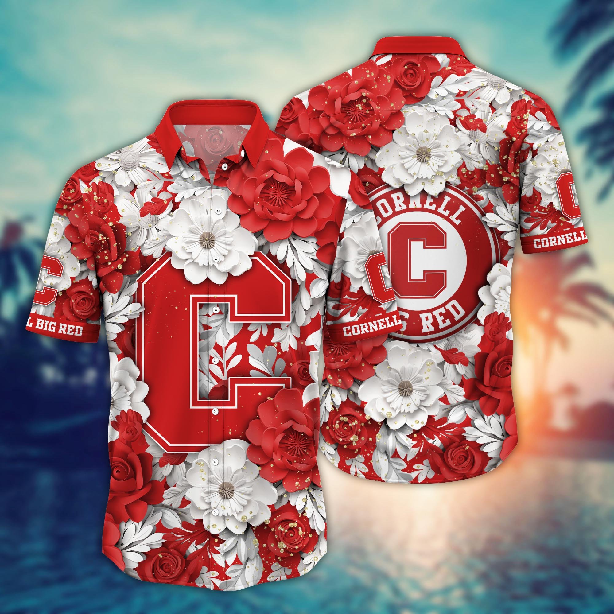 Cornell Big Red Flower Hawaii Shirt And Tshirt For Fans, Custom Summer Football Shirts NA49625