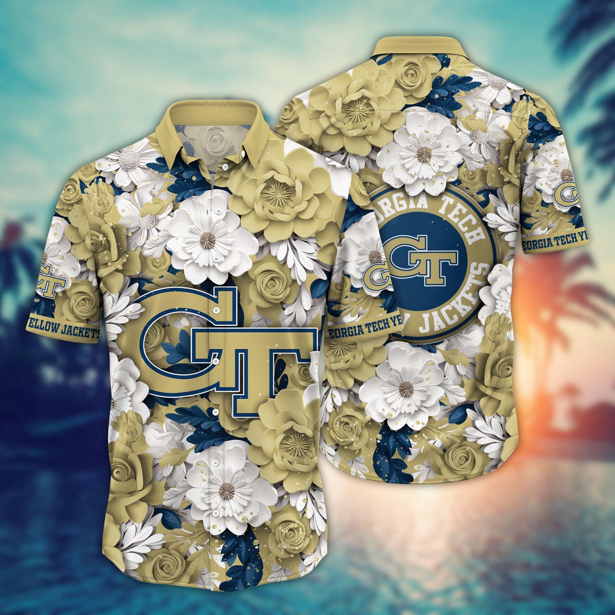 Georgia Tech Yellow Jackets Flower Hawaii Shirt And Tshirt For Fans, Custom Summer Football Shirts NA49625