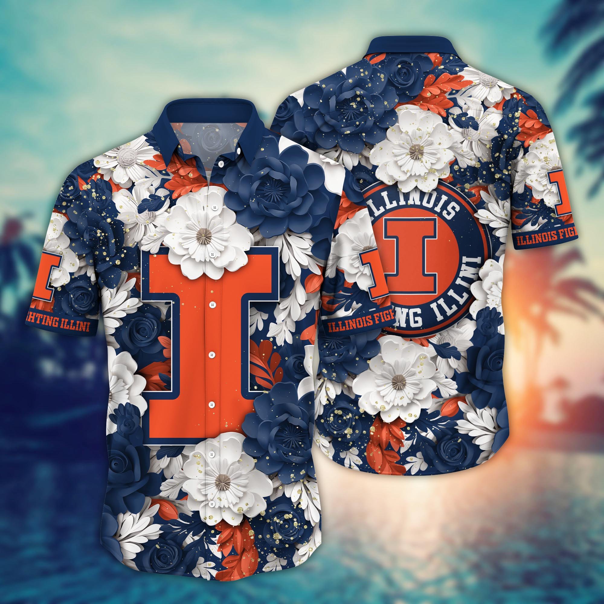 Illinois Fighting Illini Flower Hawaii Shirt And Tshirt For Fans, Custom Summer Football Shirts NA49625