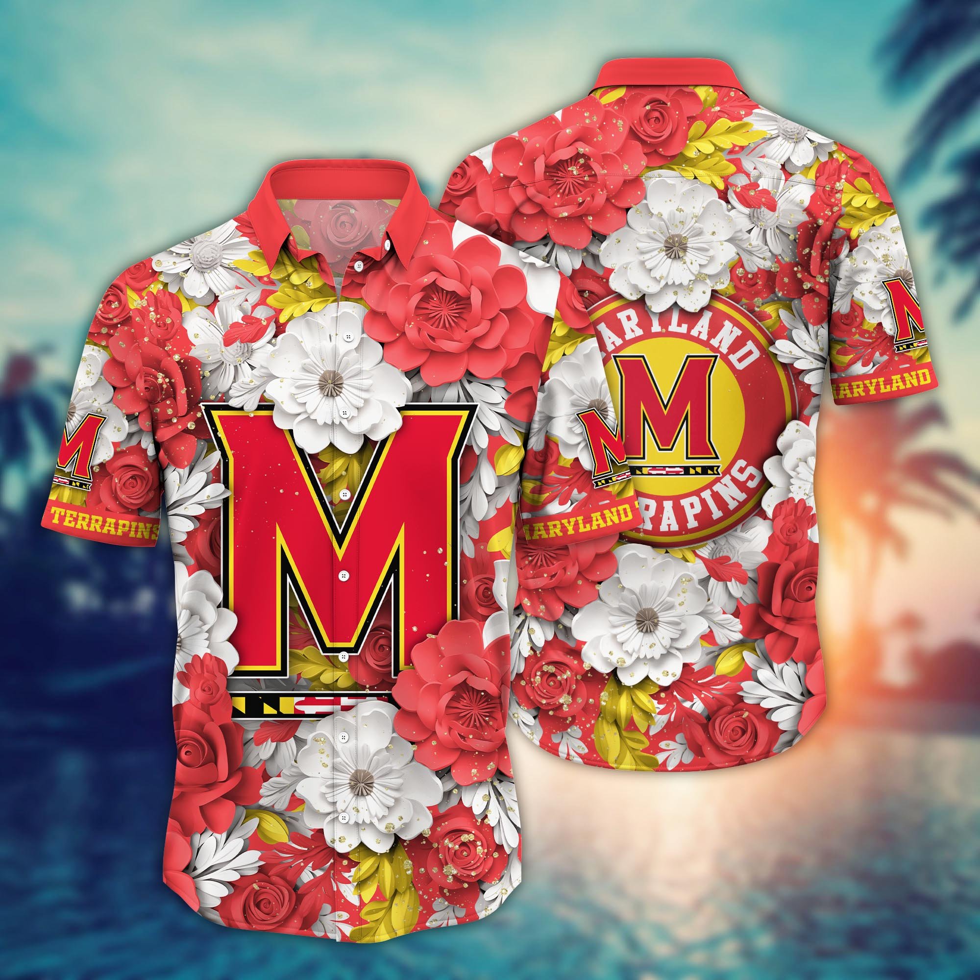 Maryland Terrapins Flower Hawaii Shirt And Tshirt For Fans, Custom Summer Football Shirts NA49625