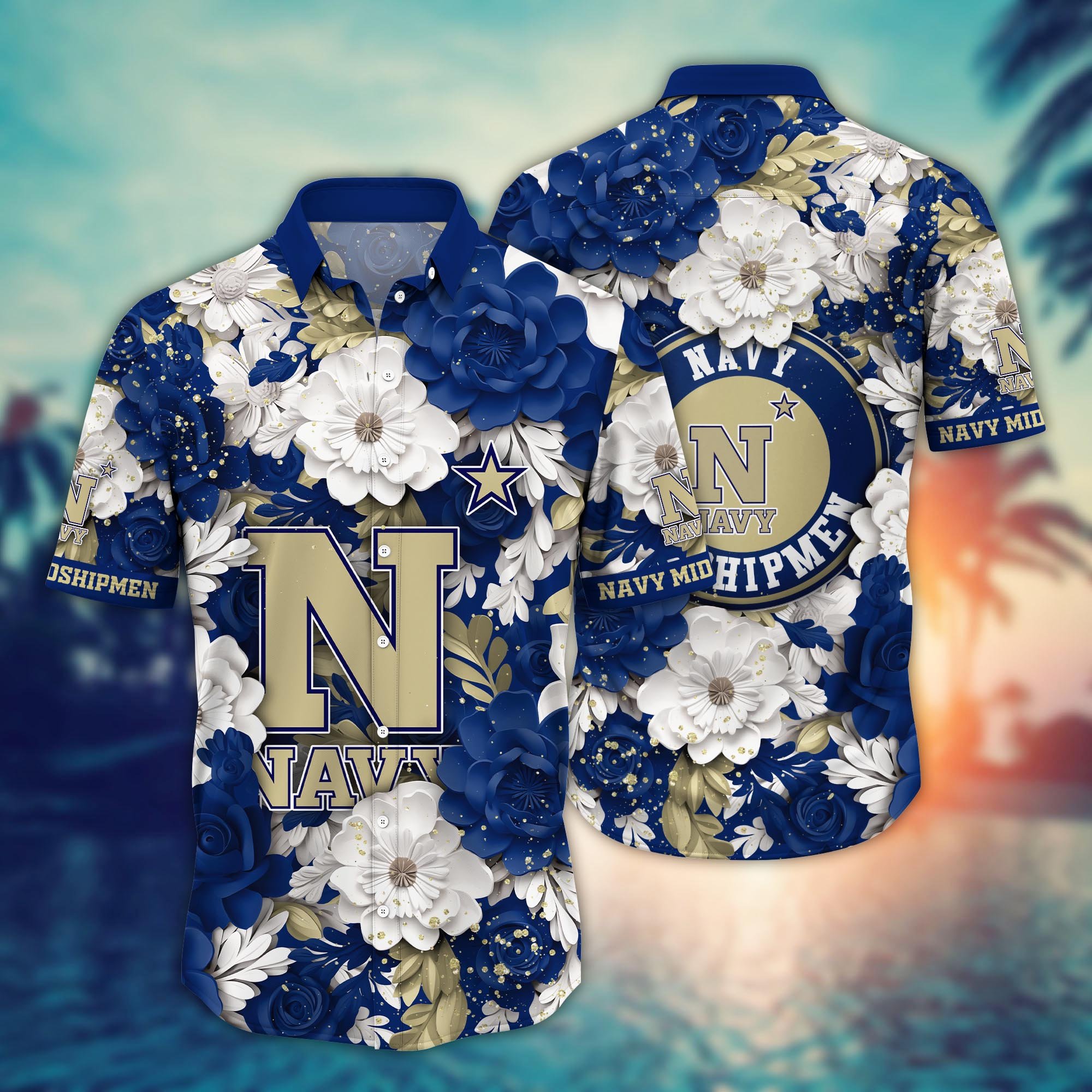 Navy Midshipmen Flower Hawaii Shirt And Tshirt For Fans, Custom Summer Football Shirts NA49625