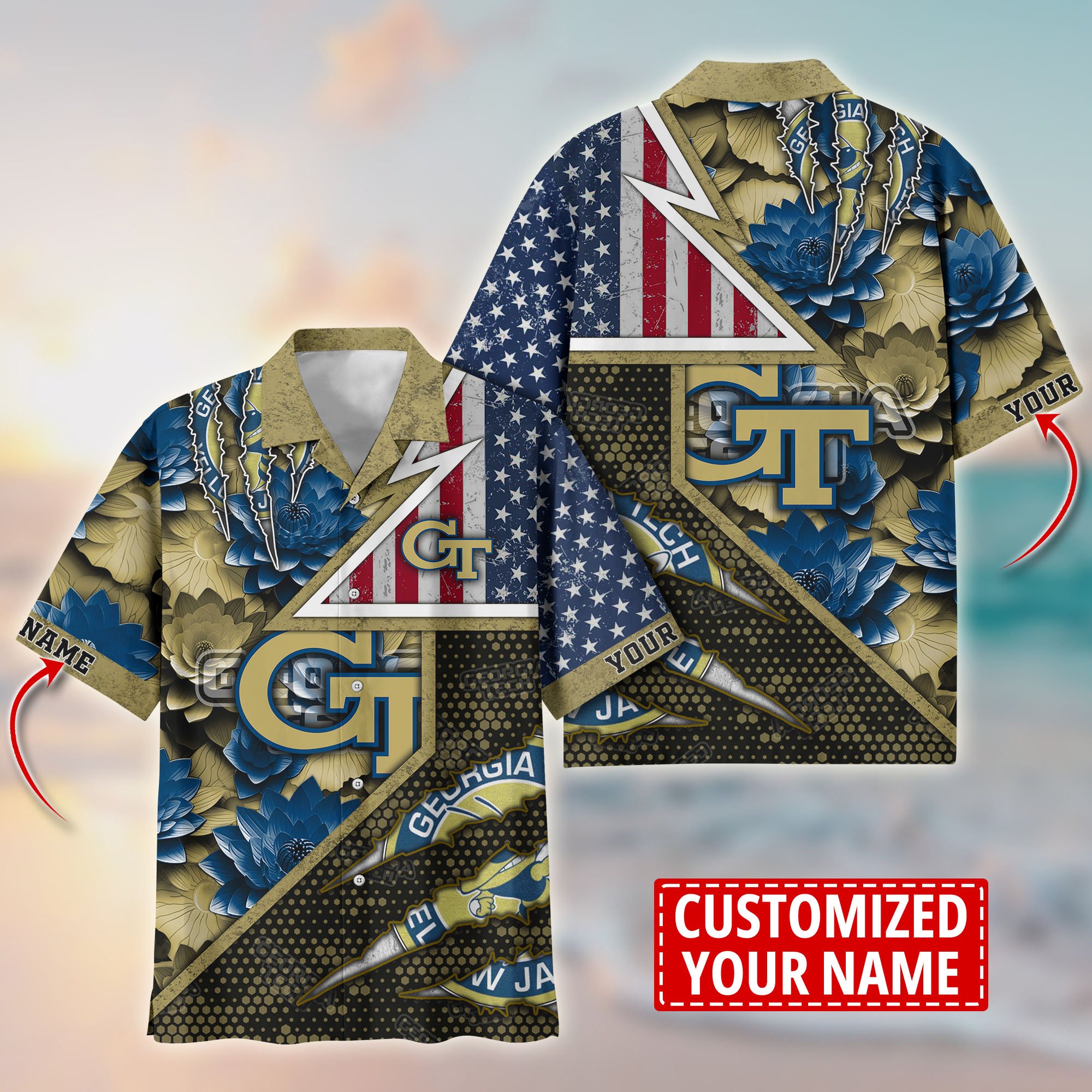 Georgia Tech Yellow Jackets Customize Flower Hawaii Shirt For Fans, Summer Football Shirts TT59003