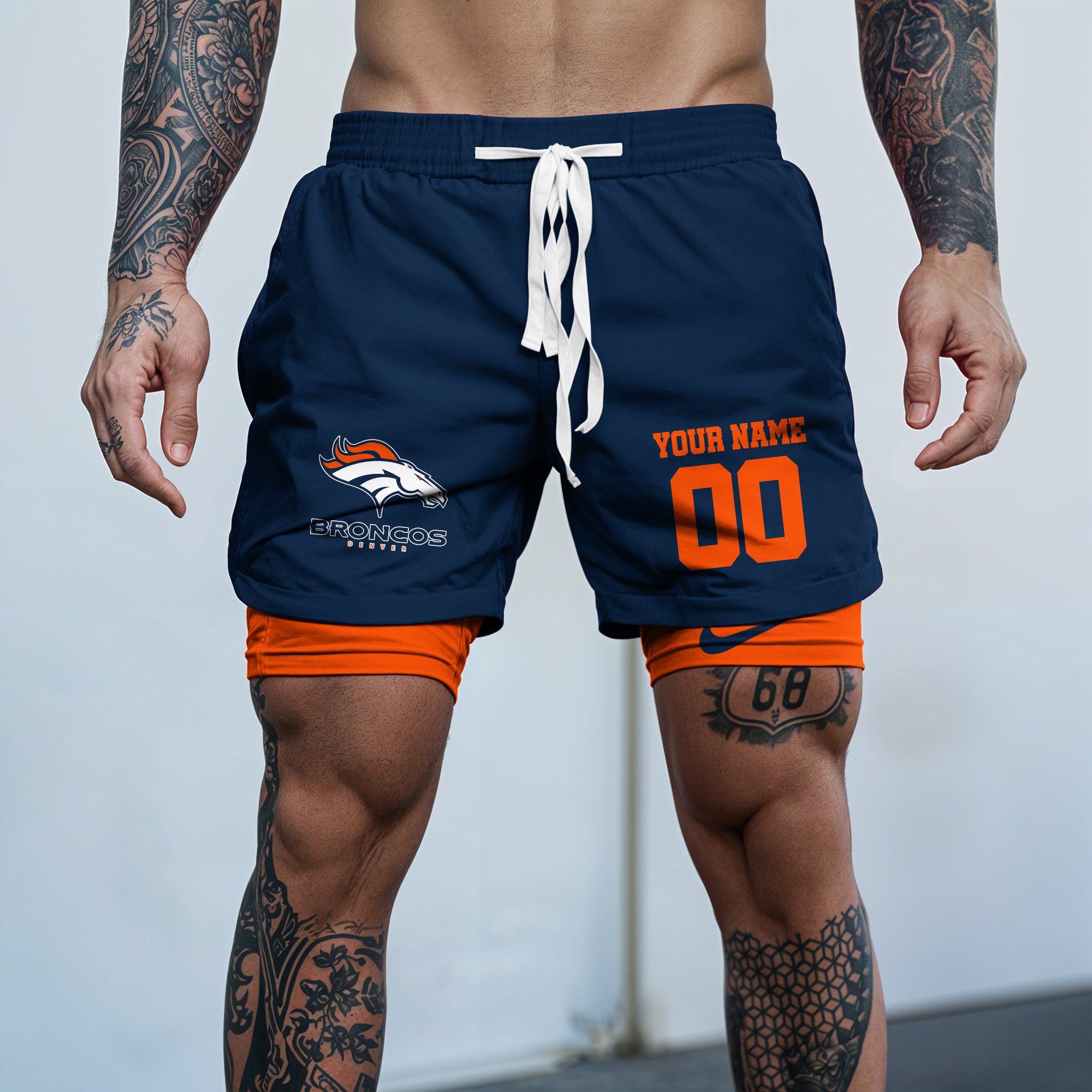 Denver Broncos Double Layer Shorts Custom Your Name And Number, Sports Double Layer Shorts, Gifts For Football Lovers EHIVM-59097