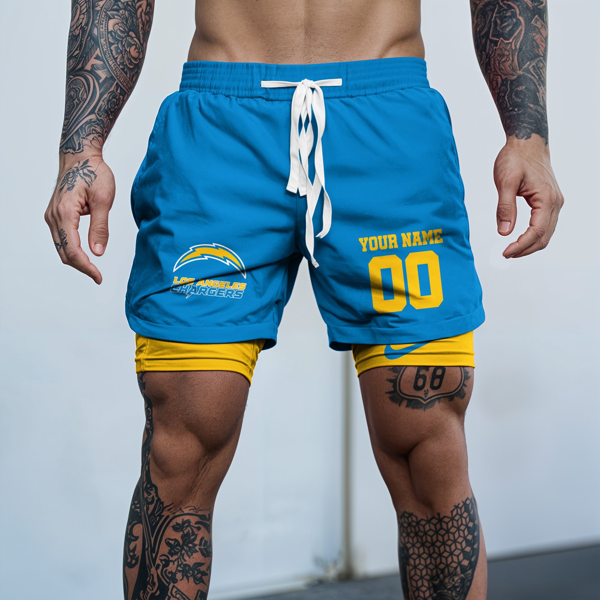 Los Angeles Chargers Double Layer Shorts Custom Your Name And Number, Sports Double Layer Shorts, Gifts For Football Lovers EHIVM-59097