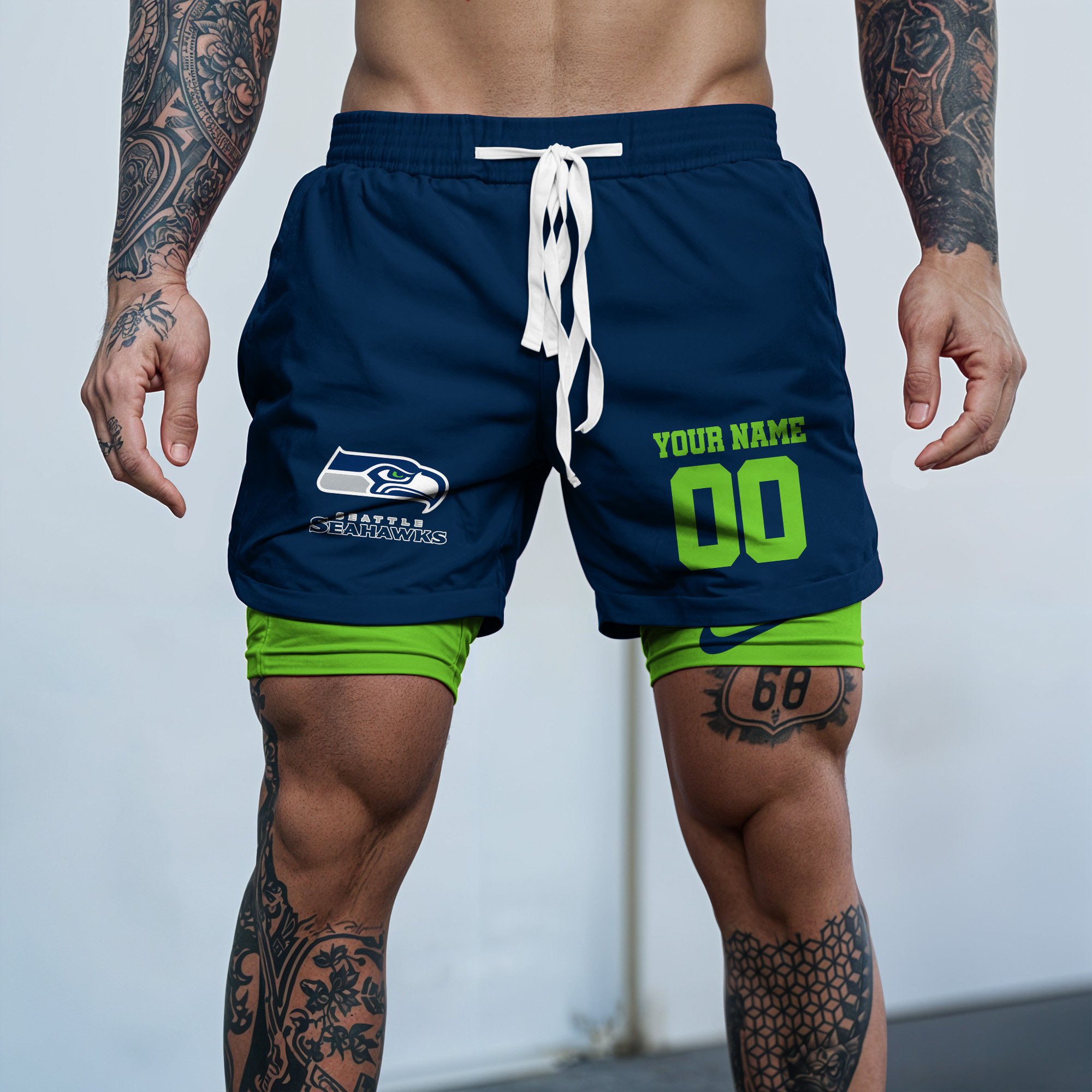 Seattle Seahawks Double Layer Shorts Custom Your Name And Number, Sports Double Layer Shorts, Gifts For Football Lovers EHIVM-59097