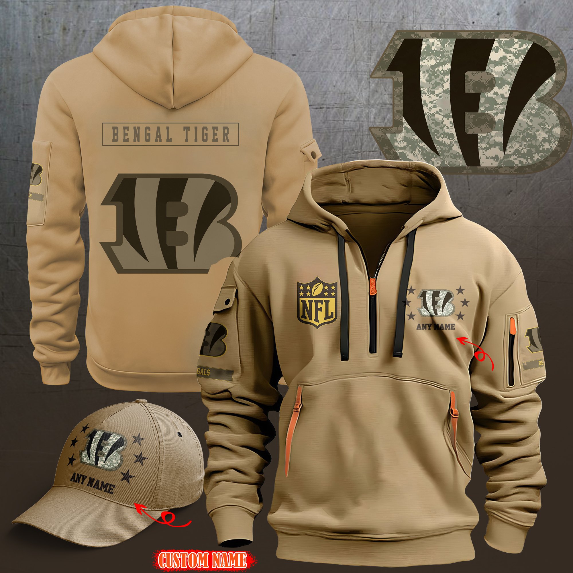 Cincinnati Bengals 2024 Armed Forces Day  Combo hoodie+Cap custom 58225
