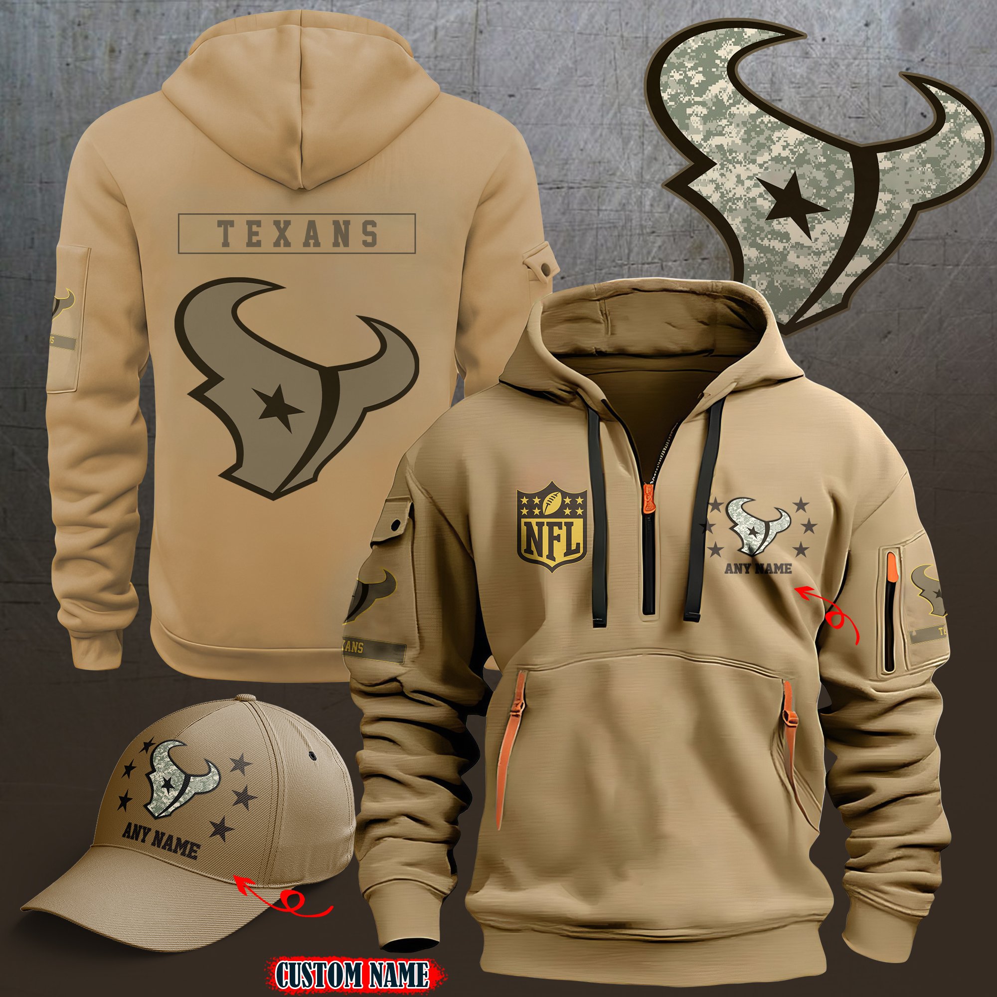 Houston Texans 2024 Armed Forces Day  Combo hoodie+Cap custom 58225