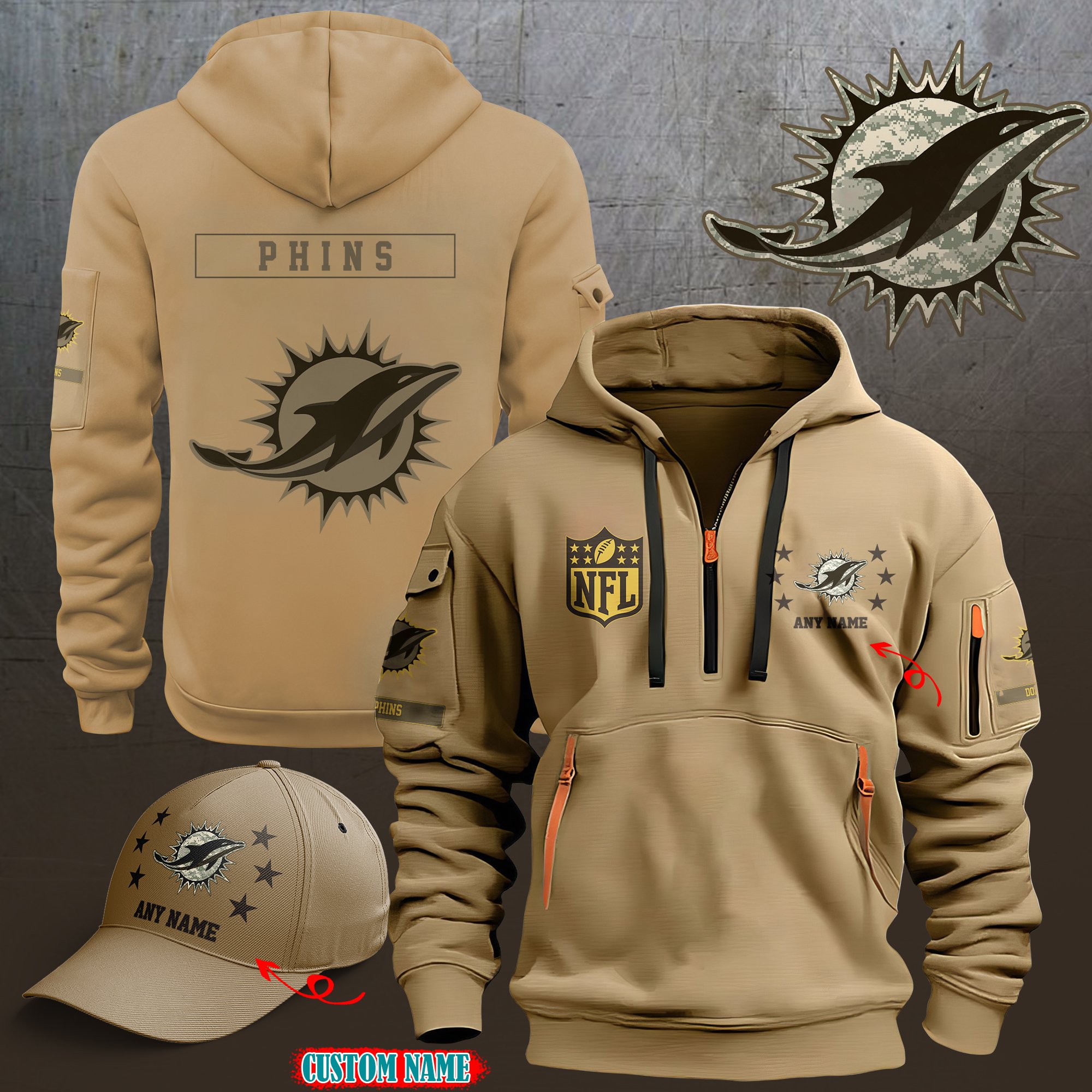 Miami Dolphins 2024 Armed Forces Day  Combo hoodie+Cap custom 58225
