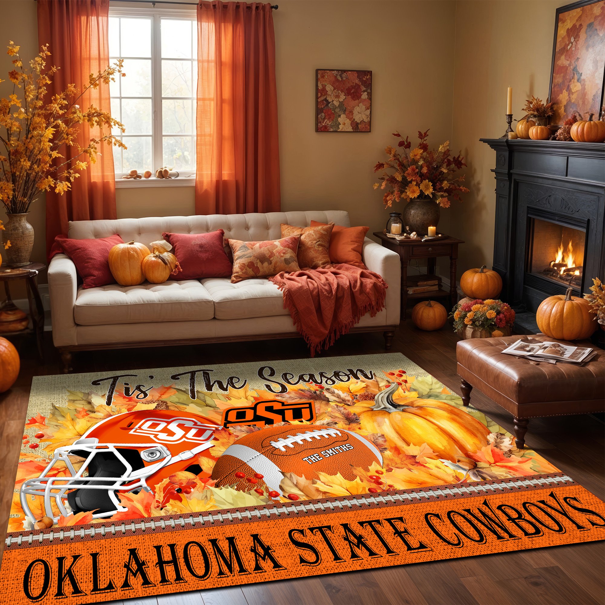 Oklahoma State Cowboys Living Room Rug Custom Family Name And Choose Your Quotes, Football Team Living Room Rug, FootBall Fan Gifts EHIVM-60242