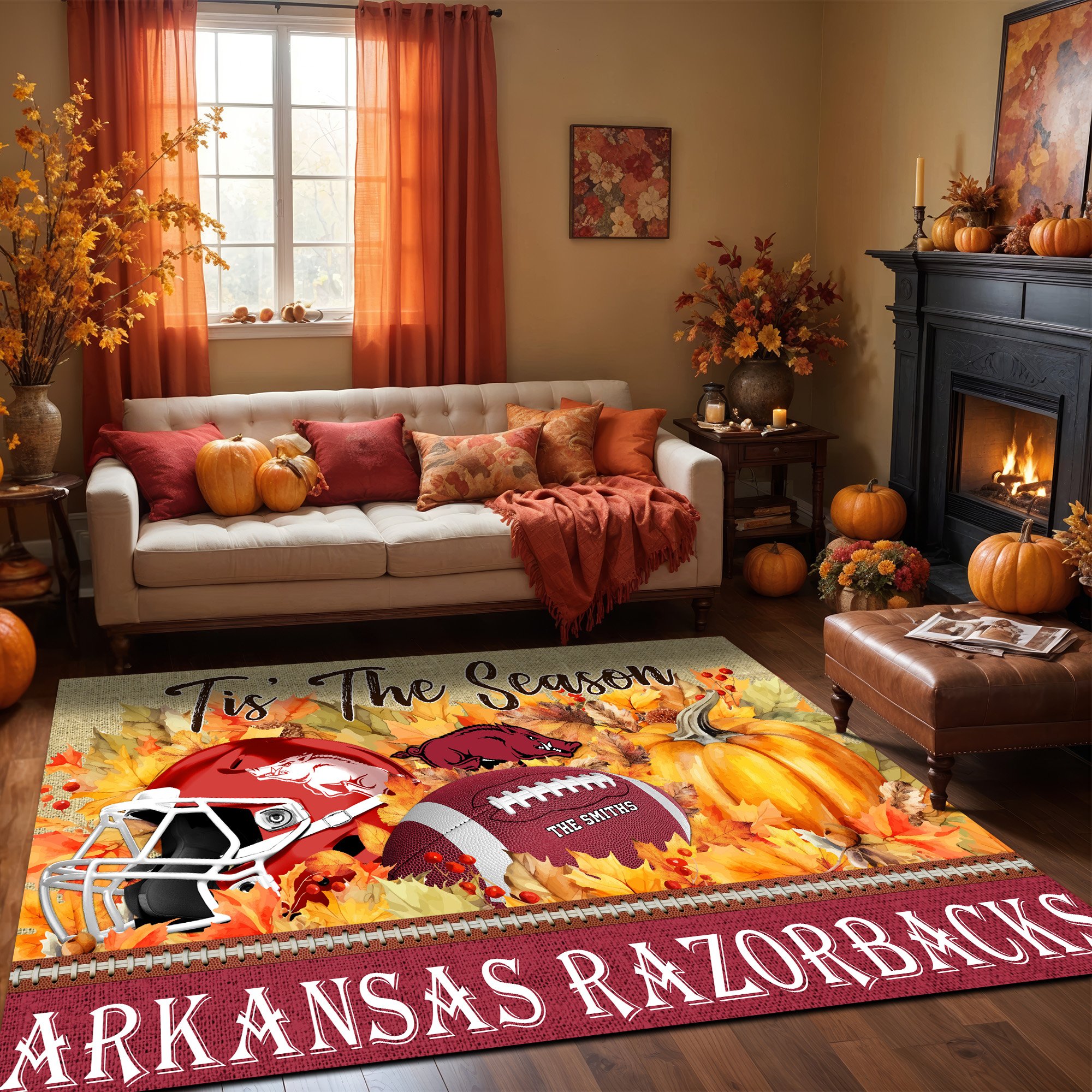 Arkansas Razorbacks Living Room Rug Custom Family Name And Choose Your Quotes, FootBall Fan Gifts EHIVM-60242