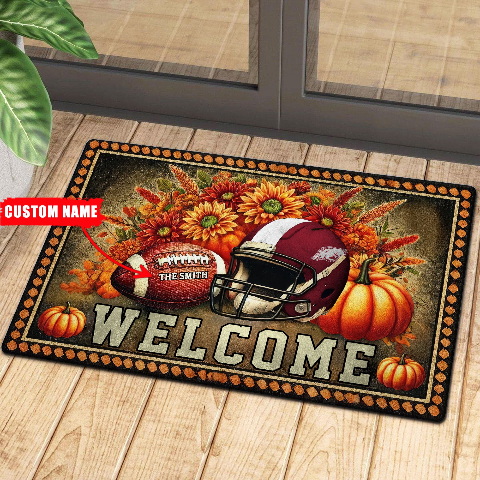 Arkansas Razorbacks Welcome Football Fall Doormat Pumpkim – Custom 60450