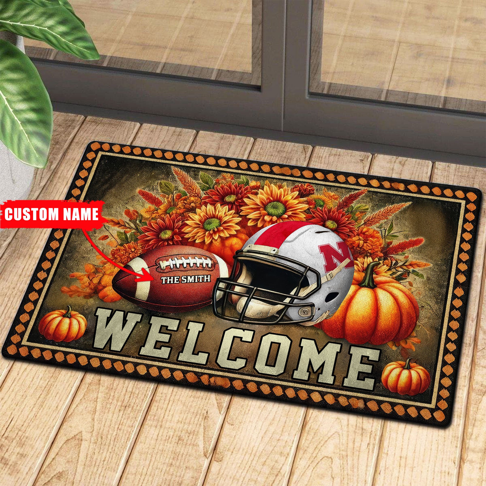Nebraska Cornhuskers Welcome Football Fall Doormat Pumpkim – Custom 60450