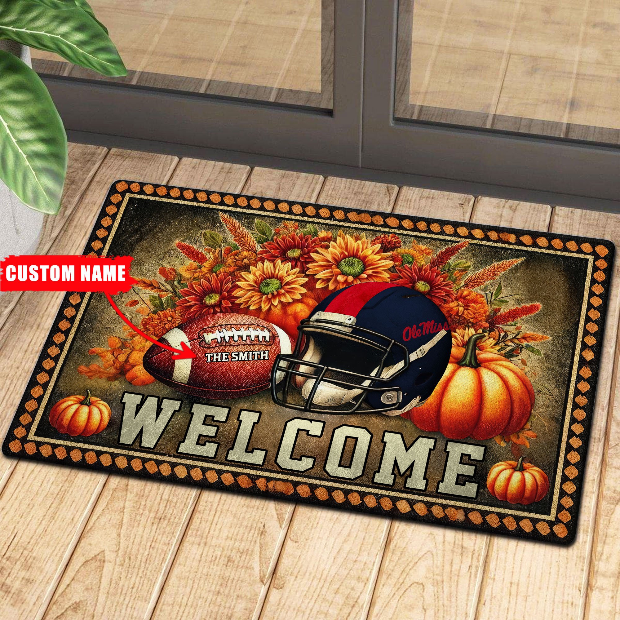 Ole Miss Rebels Welcome Football Fall Doormat Pumpkim – Custom 60450