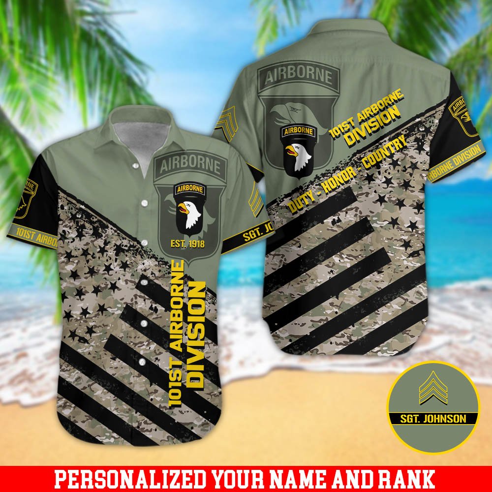 101st Airborne Division Personalized US Military Camouflage Hawaii Shirt With Your Name And Rank, US Mililtary Shirts, Summer Gift For Soldiers ETHY-57803