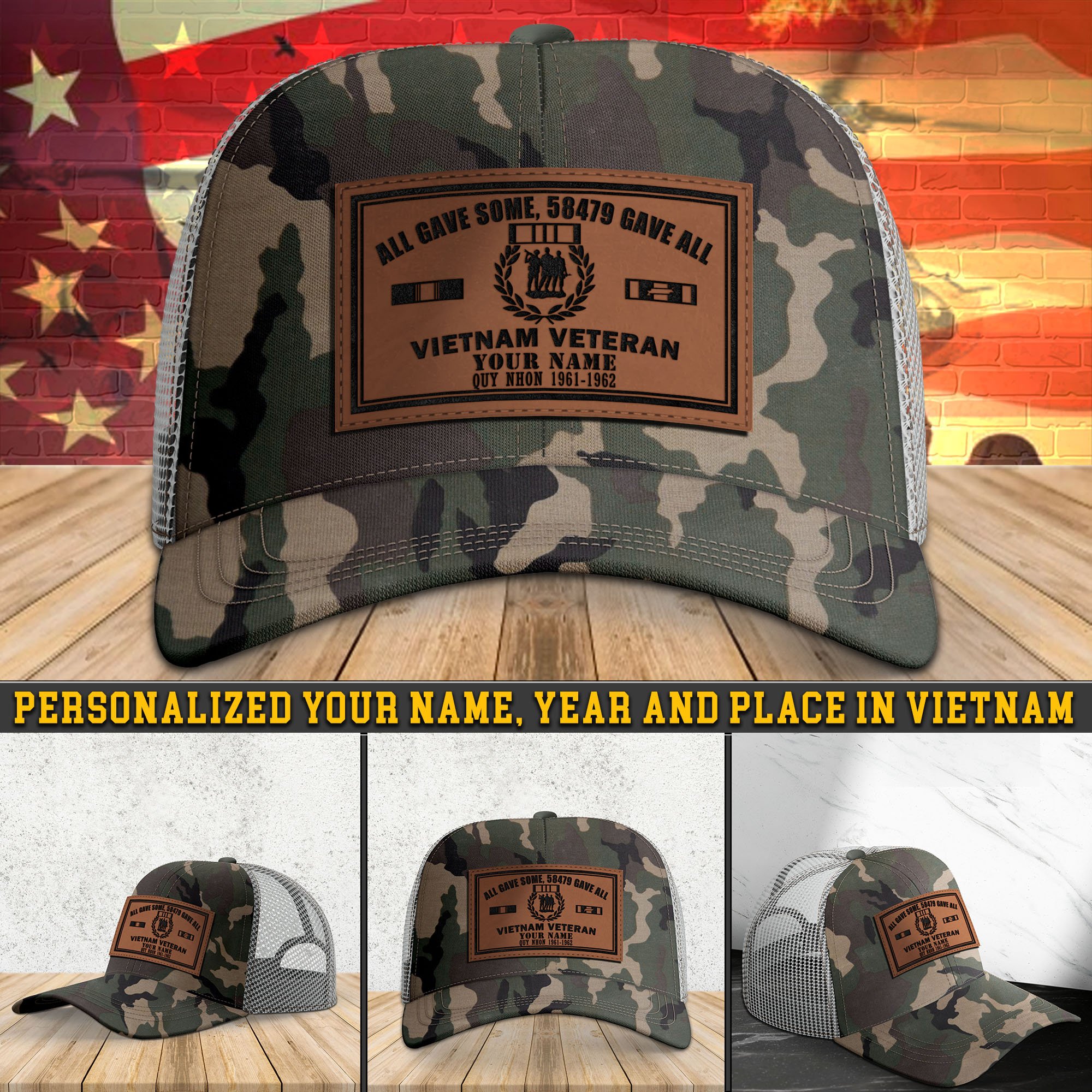 Vietnam Veteran Leather Patch Cap Personalized Your Name, Year And Place In Vietnam, Vietnam Veteran Camouflage Cap, Vietnam Veteran Gifts ETHY-51026