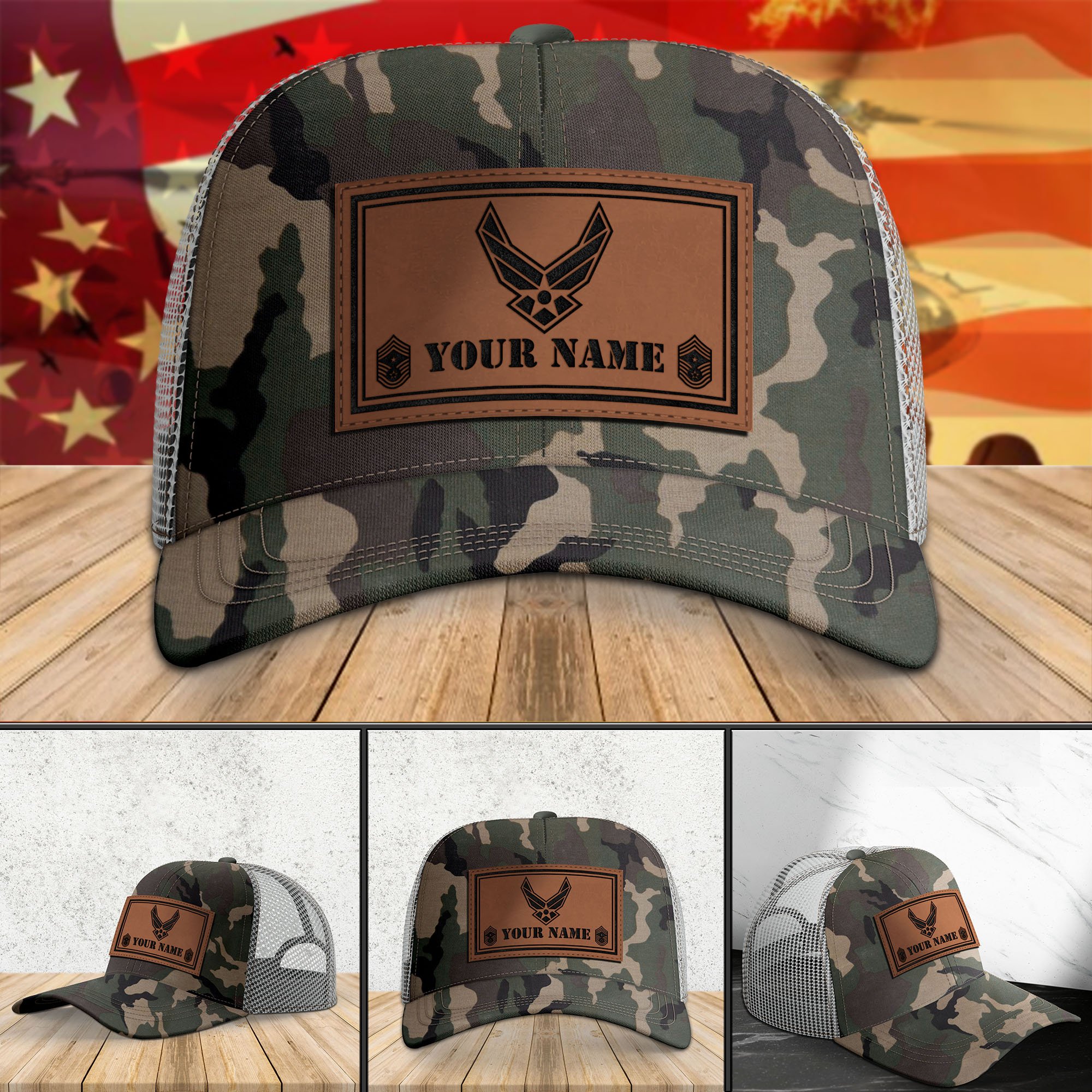 Air Force Military Camouflage Leather Patch Cap Personalized Your Name,Rank And Choose Your Military, Military Cap, Military Gifts ETHY-51073