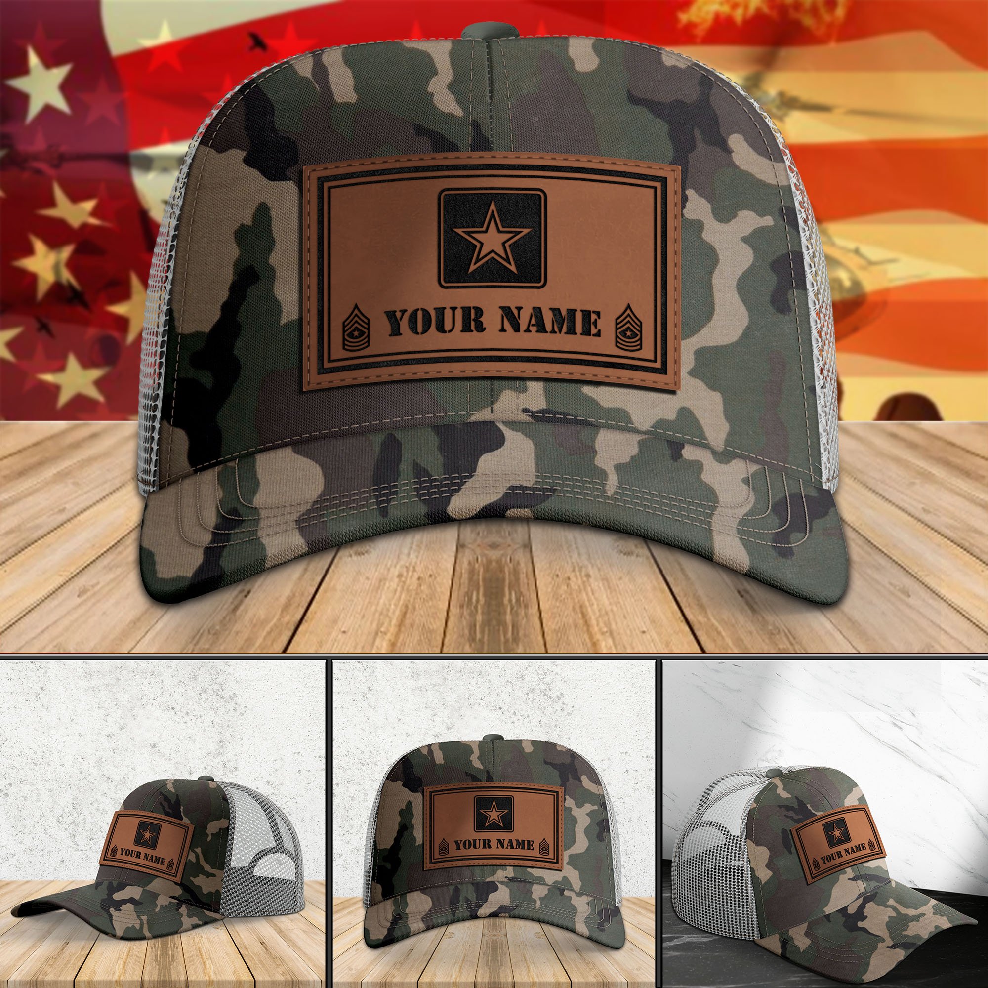 Army Military Camouflage Leather Patch Cap Personalized Your Name,Rank And Choose Your Military, Military Cap, Military Gifts ETHY-51073