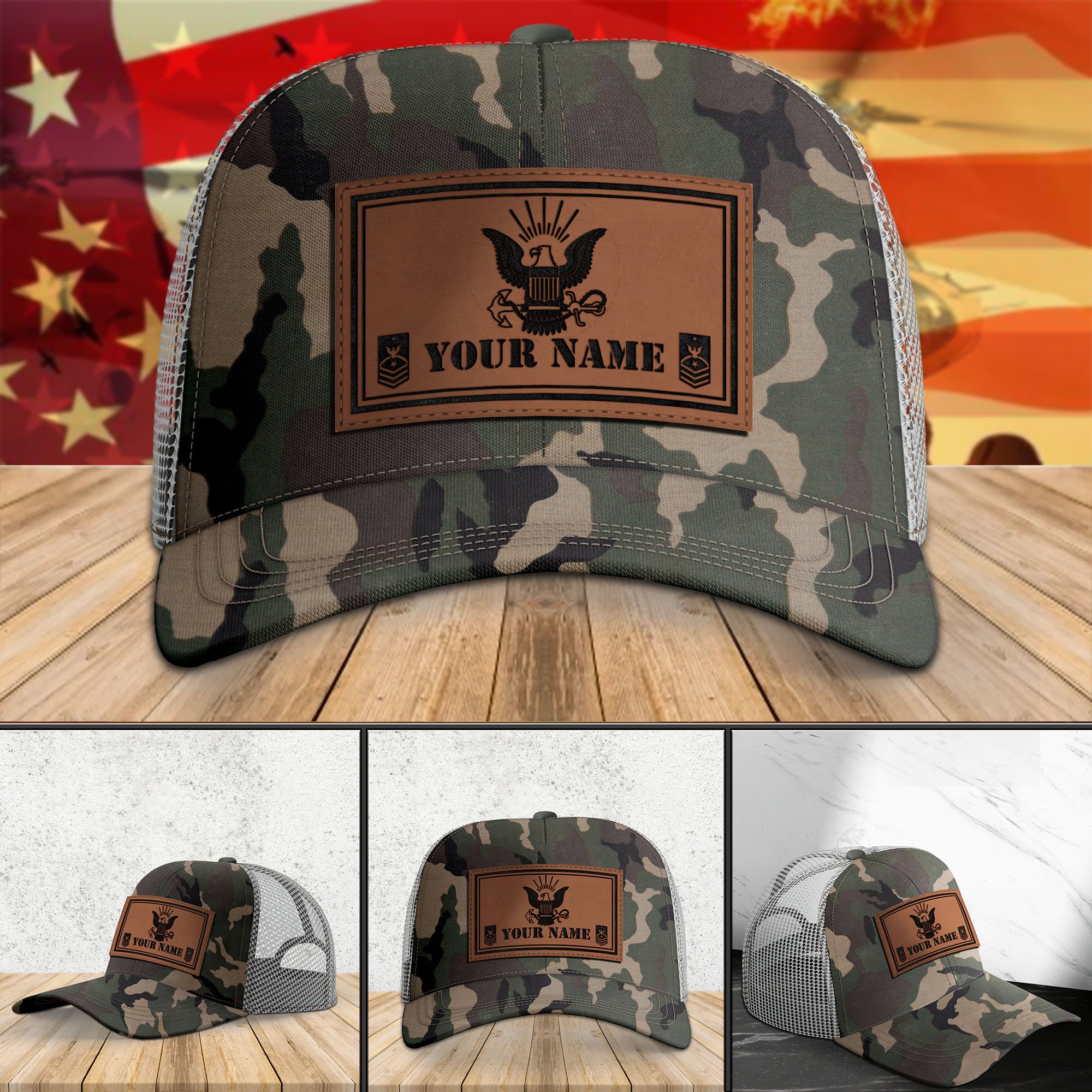 Navy Military Camouflage Leather Patch Cap Personalized Your Name,Rank And Choose Your Military, Military Cap, Military Gifts ETHY-51073