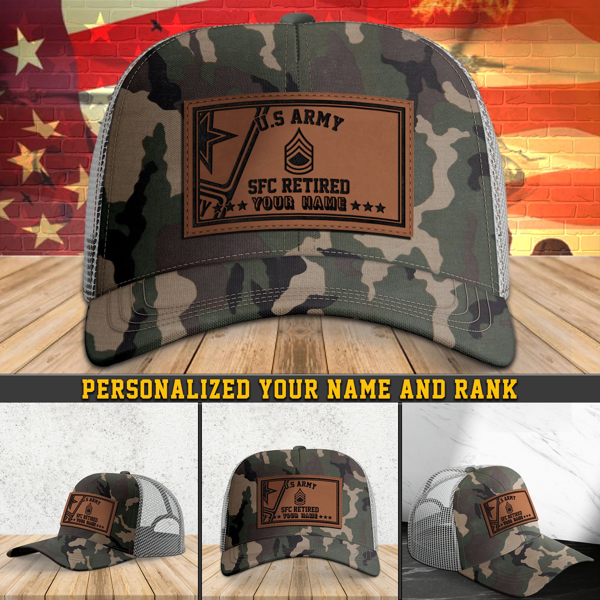 US Army Leather Patch Cap Personalized Your Name And Rank, US Army Retired Cap, Military Gifts ETHY-51096