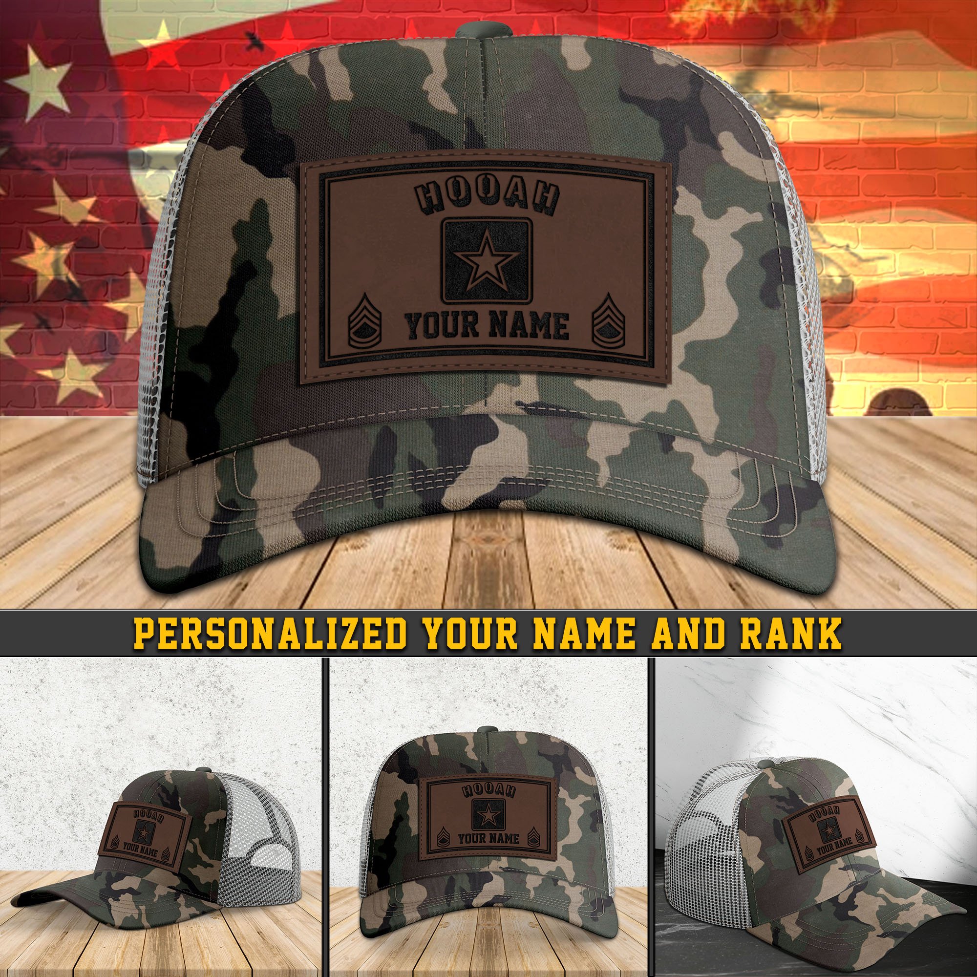 US Army Leather Patch Cap Personalized Your Name And Rank, US Army Hooah Cap, Military Gifts ETHY-51096