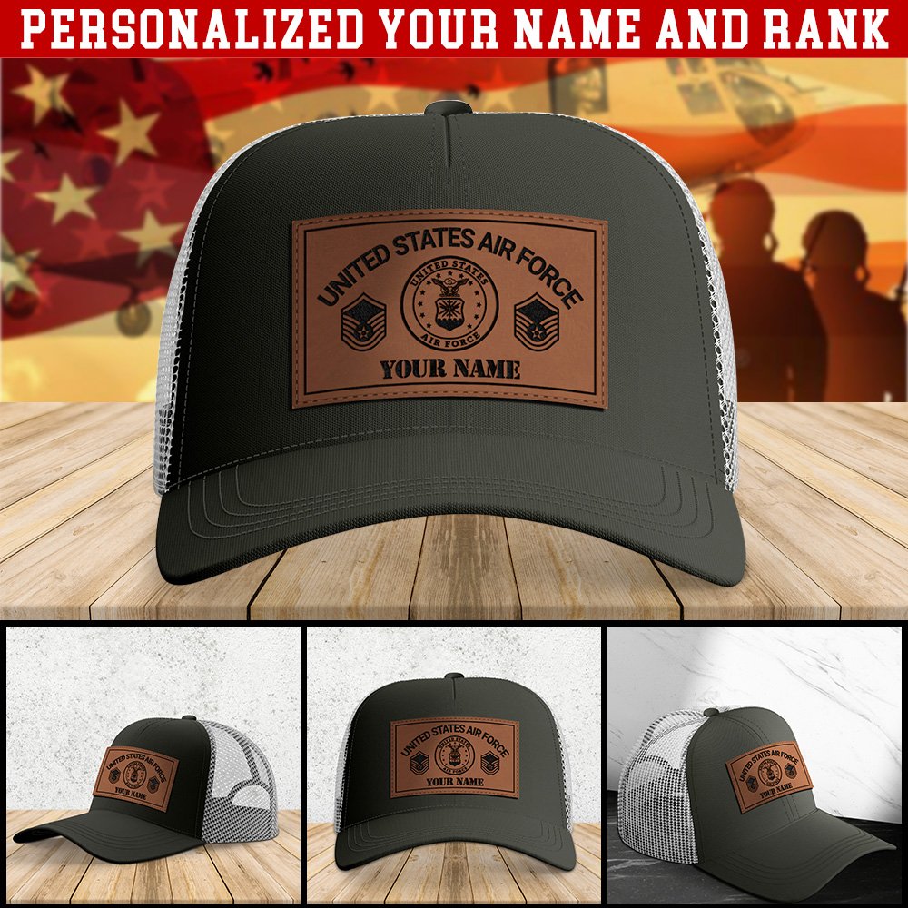 Airforce US Military Leather Patch Cap Personalized Your Name And Rank, Dark Green Leather Cap, US Military Gifts ETHY-51269