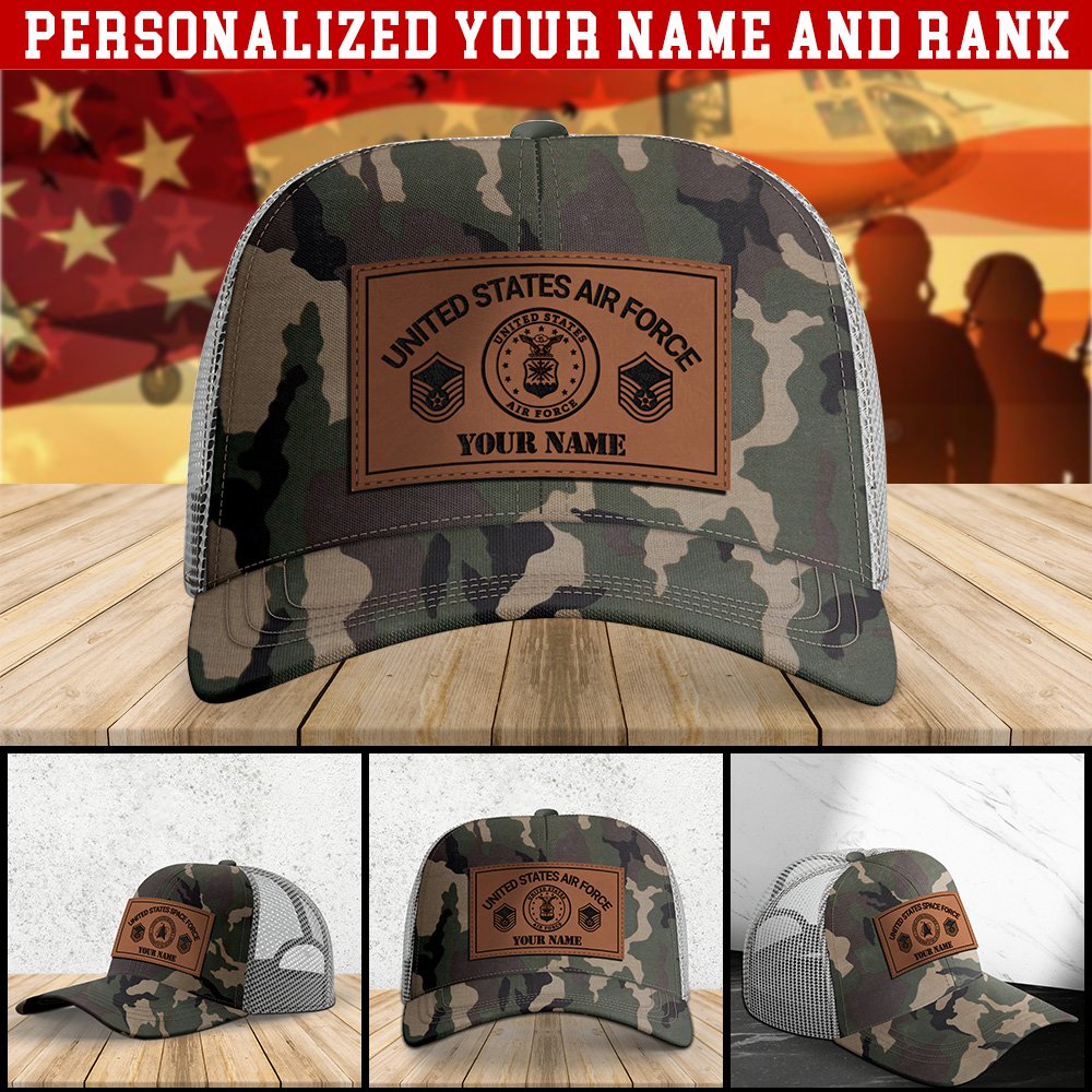 Airforce US Military Leather Patch Cap Personalized Your Name And Rank, Camouflage Leather Cap, US Military Gifts ETHY-51269