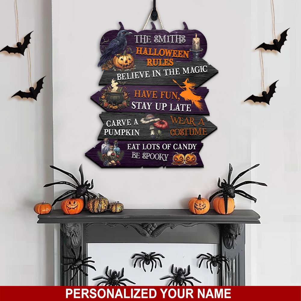 Halloween Shape Wooden Sign Personalized Your Name, Halloween Rules Sign, Halloween Gifts EKHI-60325