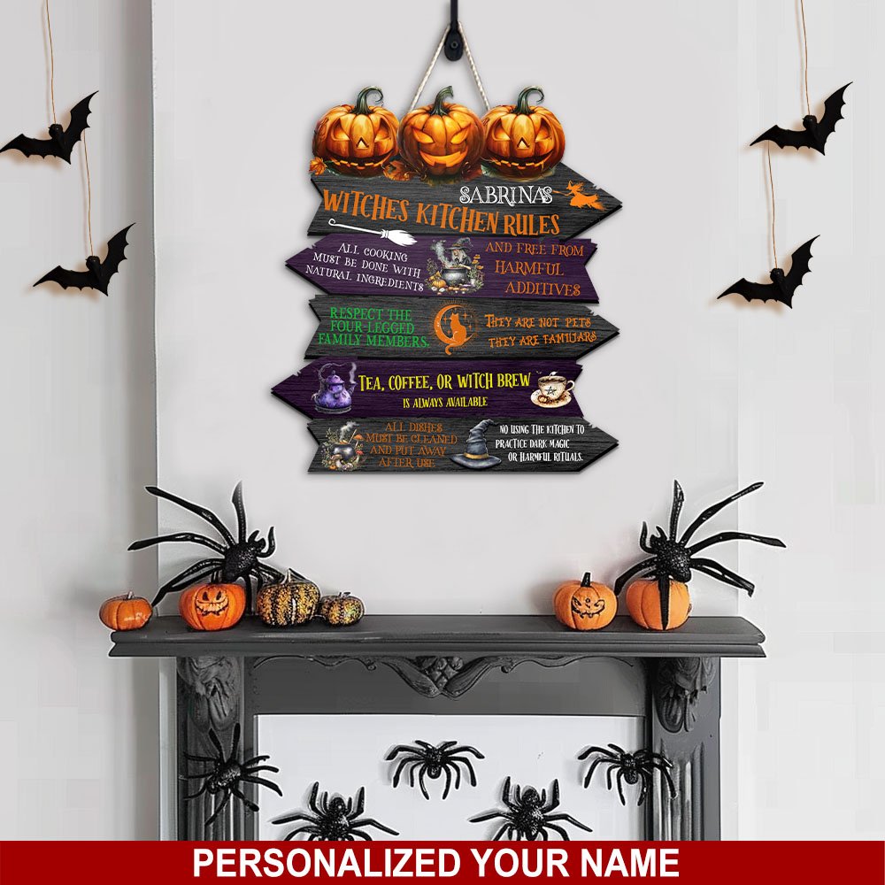 Halloween Shape Wooden Sign Personalized Your Name, Witches Kitchen Rules Sign, Halloween Gifts EKHI-60325