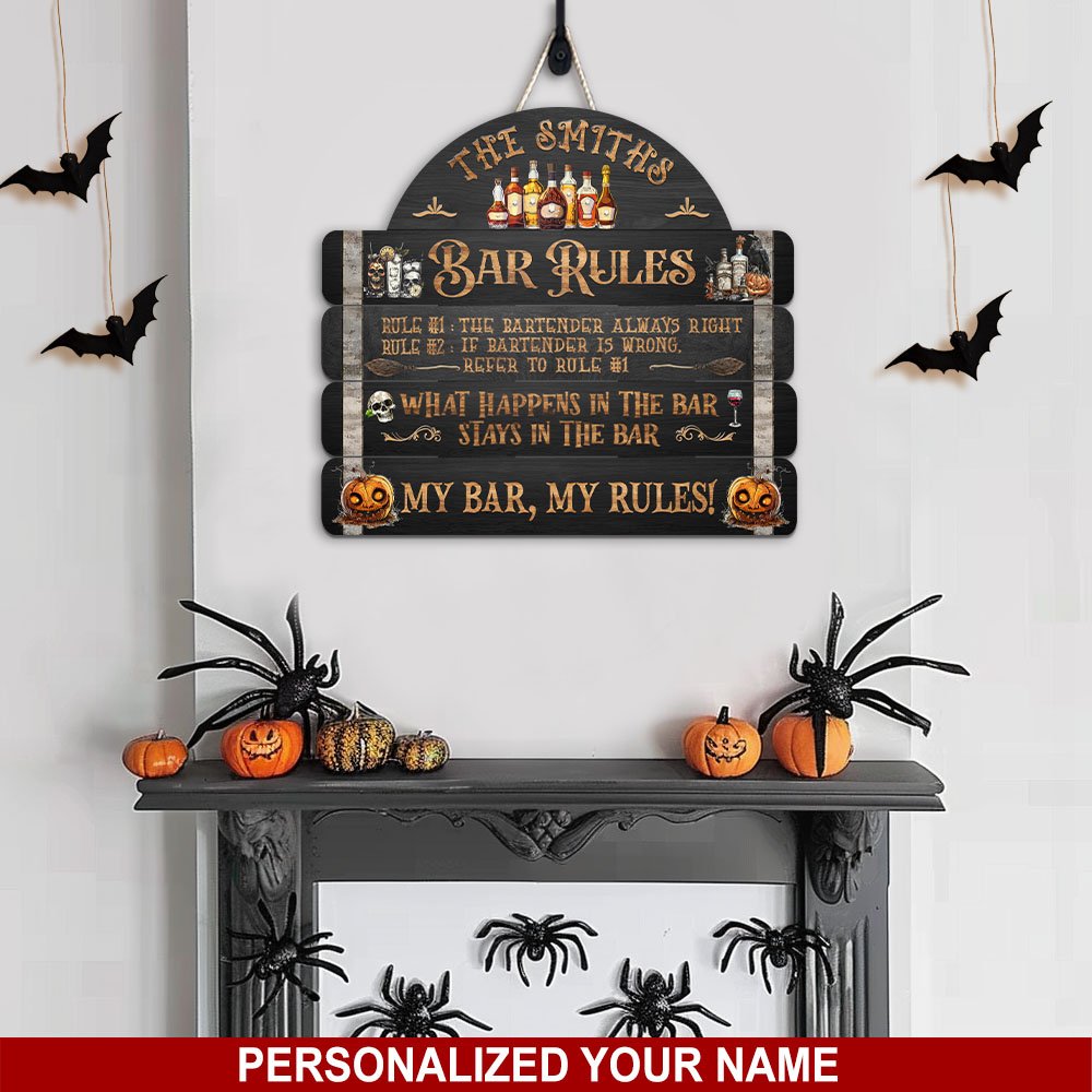 Halloween Shape Wooden Sign Personalized Your Name, What Happens In The Bar Sign, Halloween Decor EKHI-60518