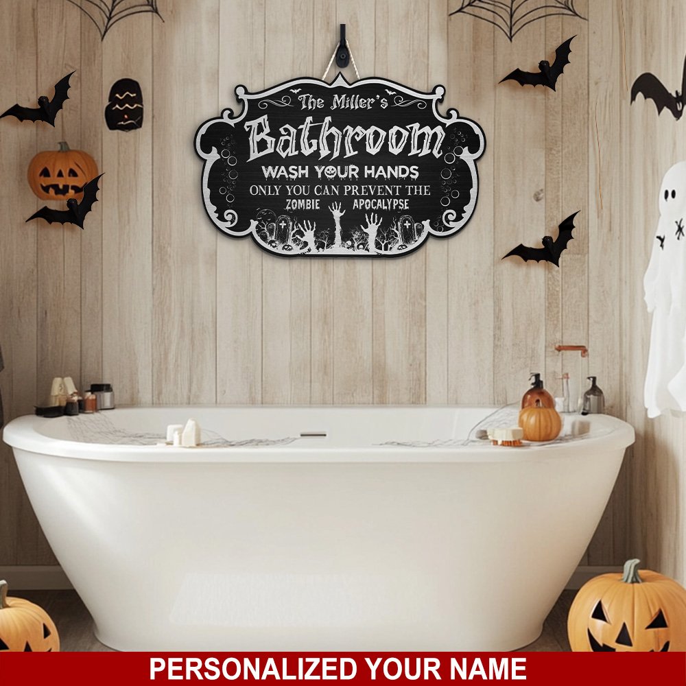 Halloween Shape Wooden Sign Personalized Your Name, Wash Your Hand Bathroom Sign, Bathroom Decor, Halloween Gifts ENGA-60576