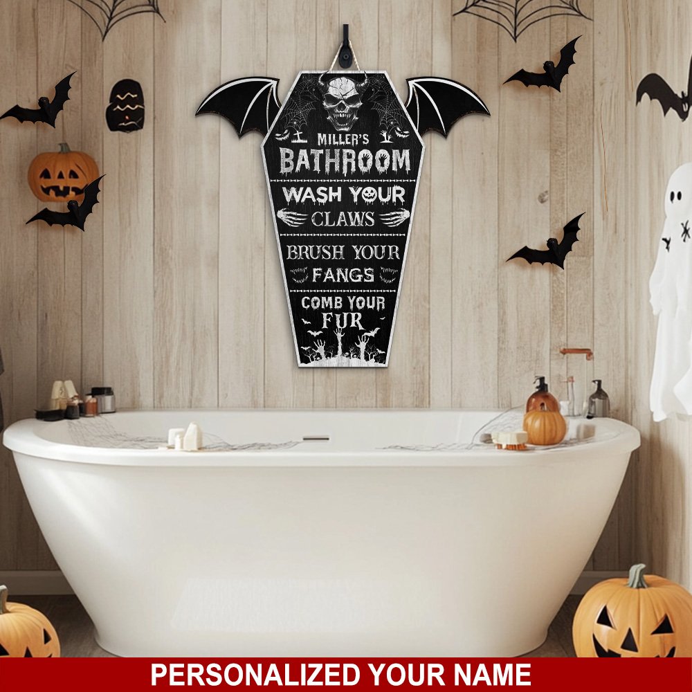 Halloween Shape Wooden Sign Personalized Your Name, Bathroom Gothic Sign , Halloween Gifts ENGA-60576