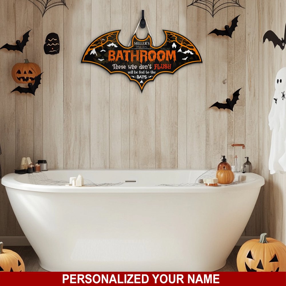 Halloween Shape Wooden Sign Personalized Your Name, Bathroom Gothic Sign , Bathroom Decor, Halloween Gifts ENGA-60576