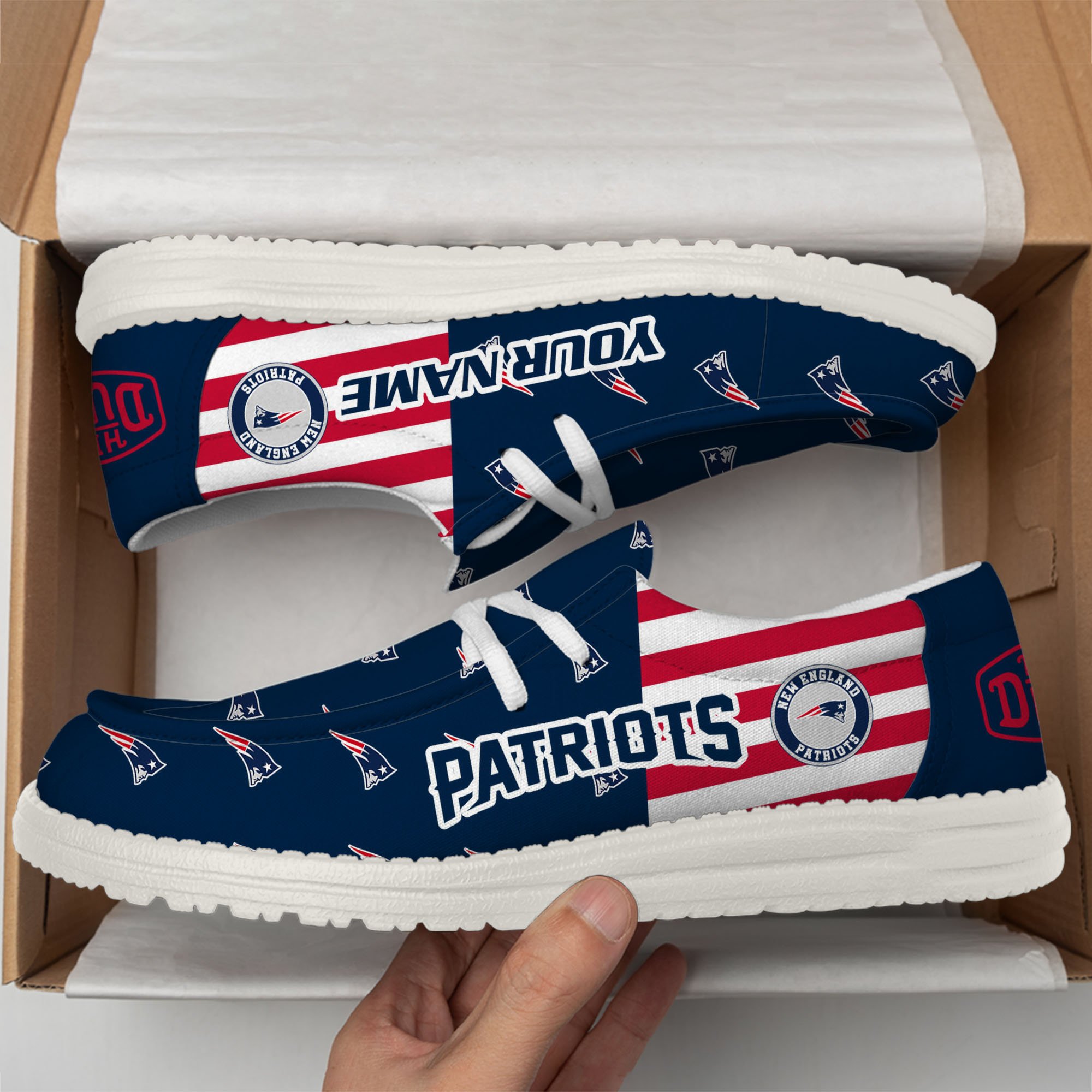 New England Patriots Hey Dude Shoes Custom Your Name, Sport Shoes For Fan, Fan Gifts EHIVM-60787