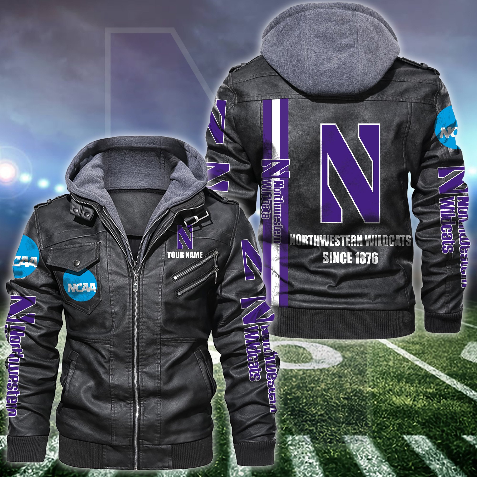 Northwestern Wildcats Black 2D Hooded Jacket Personalized Your Name, Sport Borwn Leather Jacket, Gifts For Fan EHIVM-53515