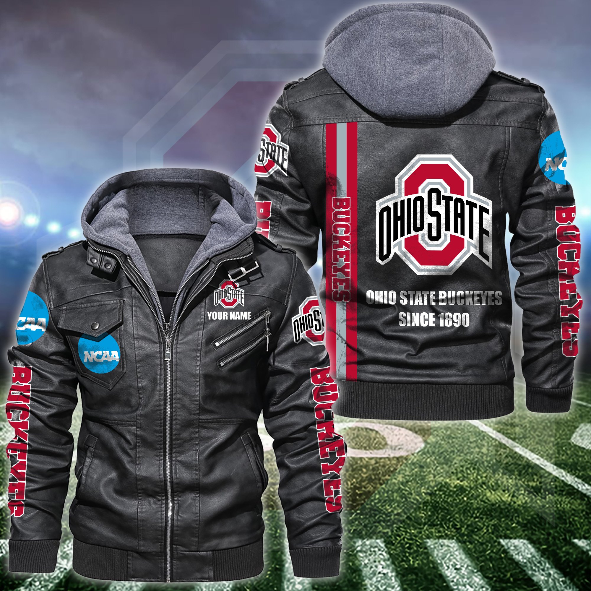 Ohio State Buckeyes Black 2D Hooded Jacket Personalized Your Name, Sport Borwn Leather Jacket, Gifts For Fan EHIVM-53515