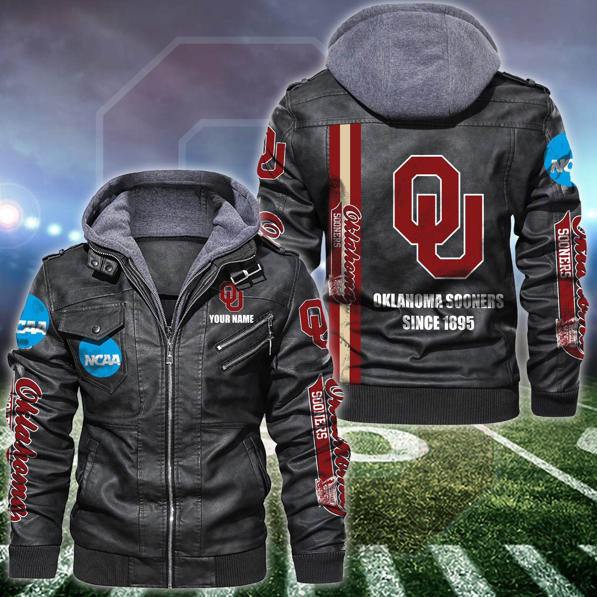 Oklahoma Sooners Black 2D Hooded Jacket Personalized Your Name, Sport Borwn Leather Jacket, Gifts For Fan EHIVM-53515