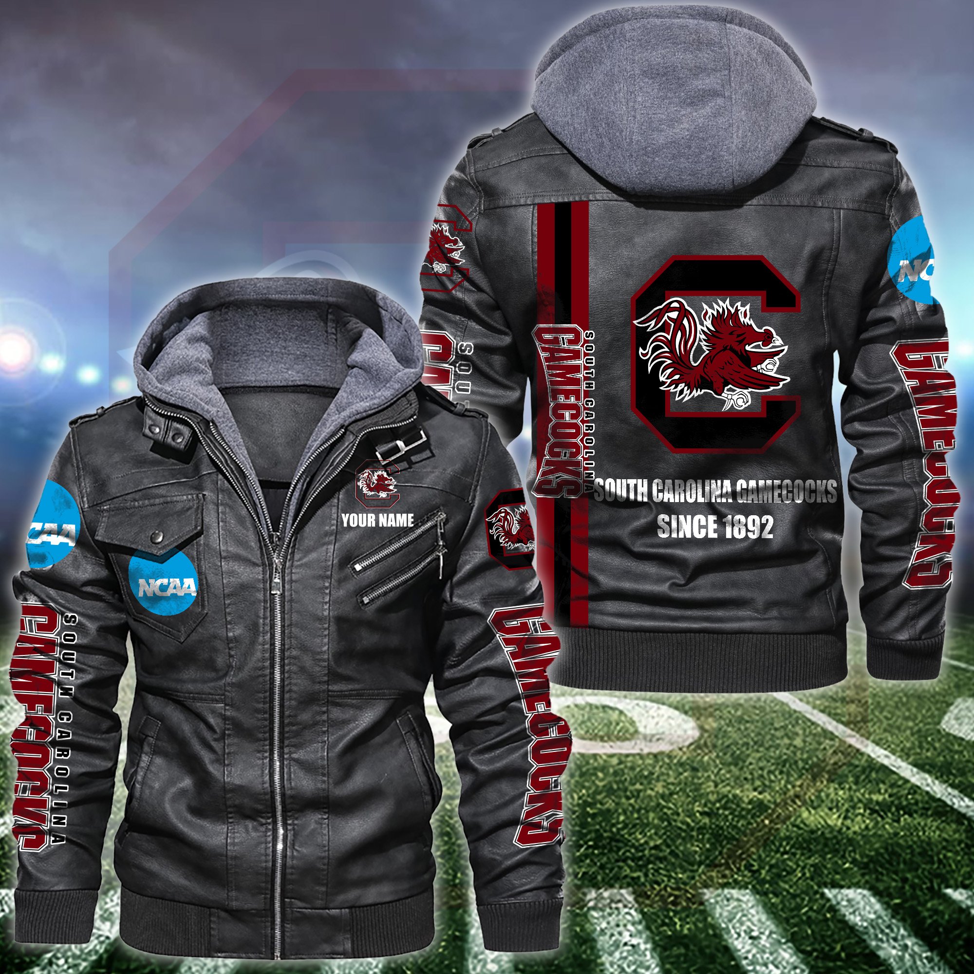 South Carolina Gamecocks Black 2D Hooded Jacket Personalized Your Name, Sport Borwn Leather Jacket, Gifts For Fan EHIVM-53515