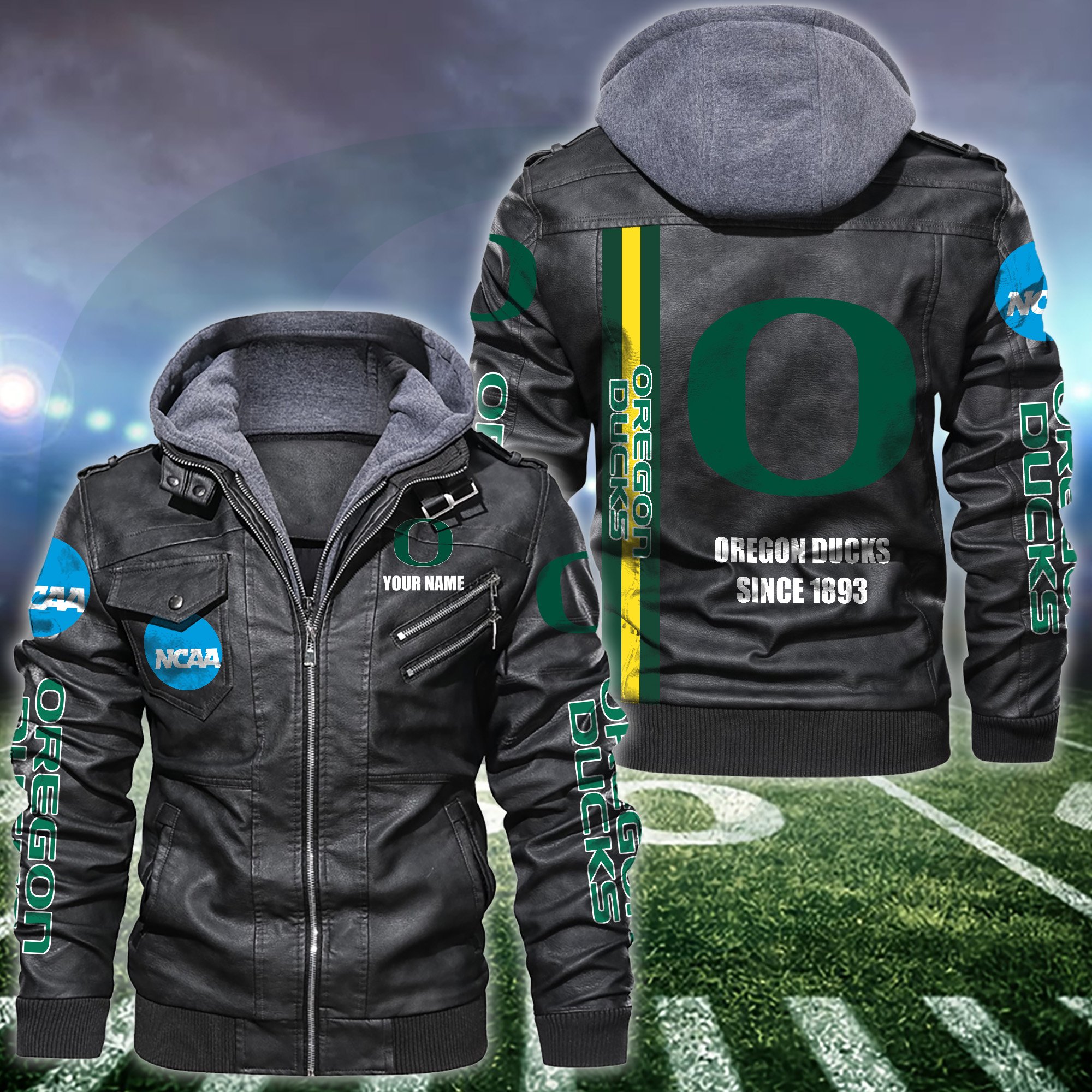 Oregon Ducks Black 2D Hooded Jacket Personalized Your Name, Sport Borwn Leather Jacket, Gifts For Fan EHIVM-53515