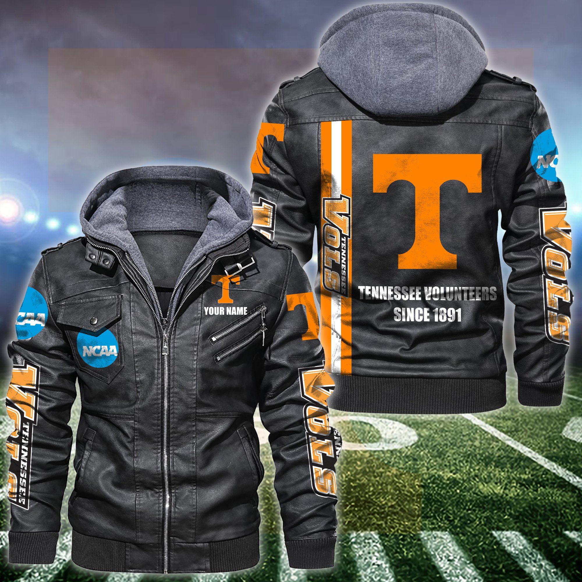 Tennessee Volunteers Black 2D Hooded Jacket Personalized Your Name, Sport Borwn Leather Jacket, Gifts For Fan EHIVM-53515