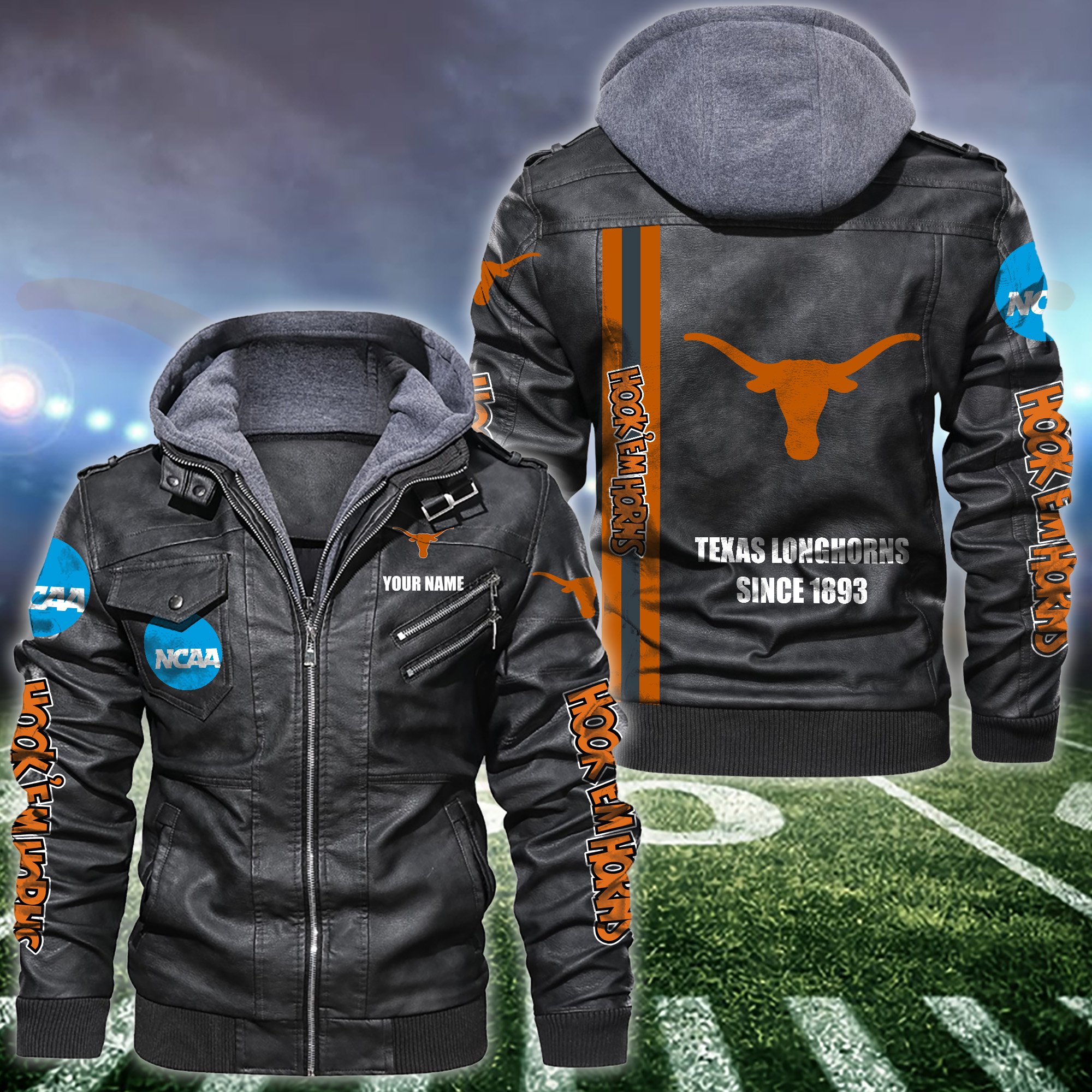 Texas Longhorns Black 2D Hooded Jacket Personalized Your Name, Sport Borwn Leather Jacket, Gifts For Fan EHIVM-53515