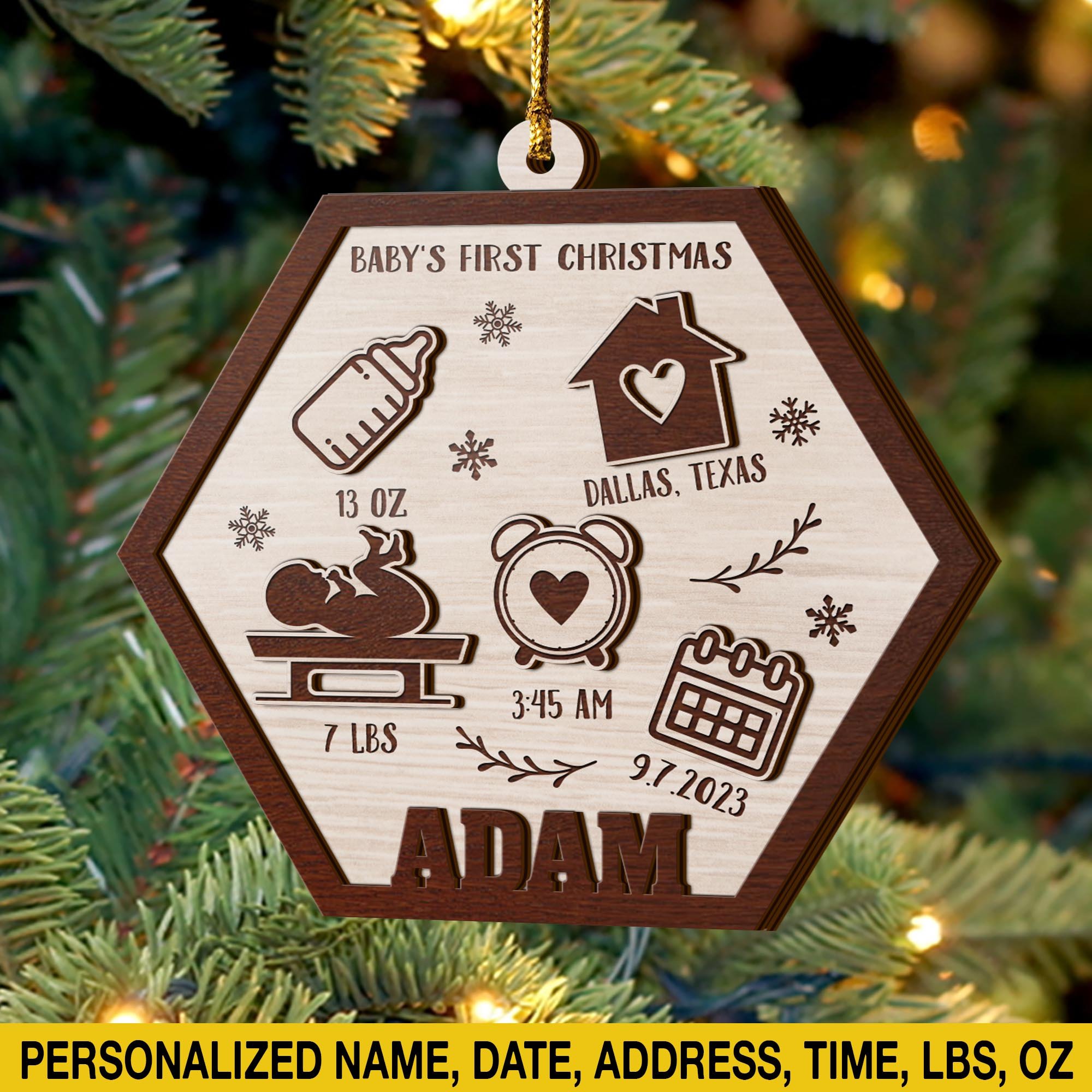 Baby’s First Christmas 3 Layered Piece Wooden Ornaments Custom Name, Date, LBS, And Address, Gift For Family, Christmas Gifts EPHG-51807