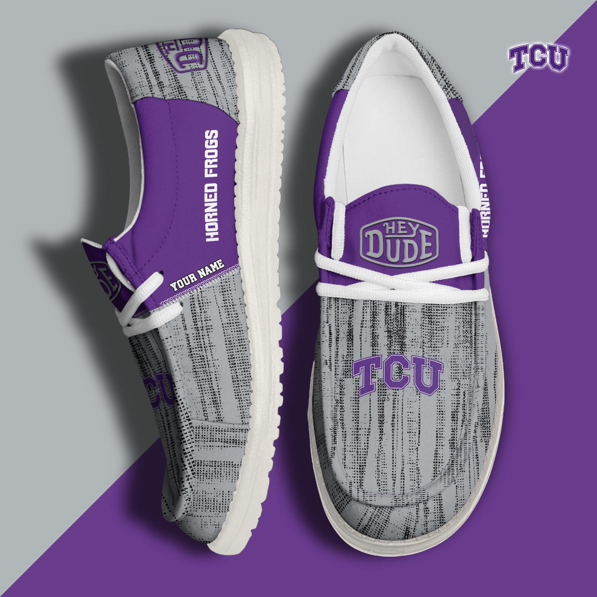 TCU Horned Frogs Hey Dude Shoes Personalized Your Name, Sport Hey Dudes For Football Fan, Sport Lovers Gifts 61079