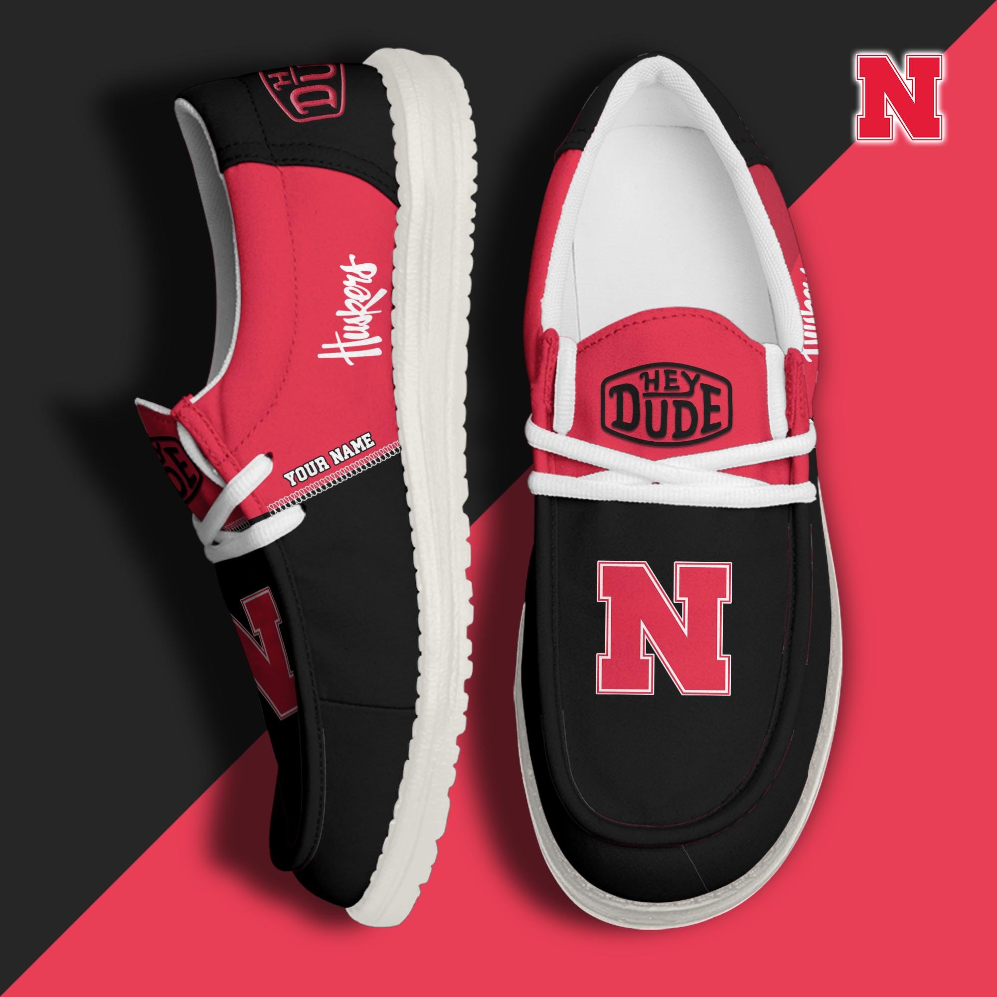 Nebraska Cornhuskers Hey Dude Shoes Personalized Your Name, Sport Hey Dudes For Football Fan, Sport Lovers Gifts 61079