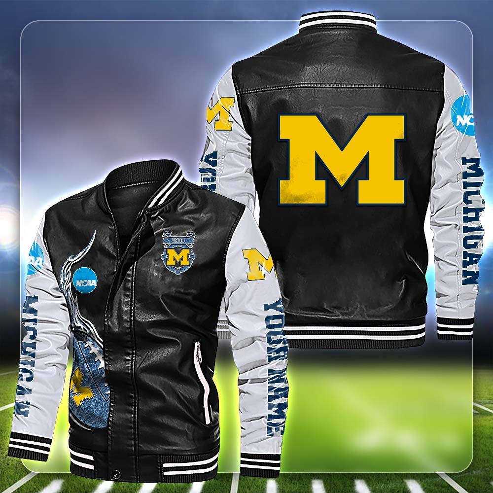 Michigan Wolverines Leather Jacket Customized Your Name, Football Team Jackets, Football Gift For Fans ETHY-53554