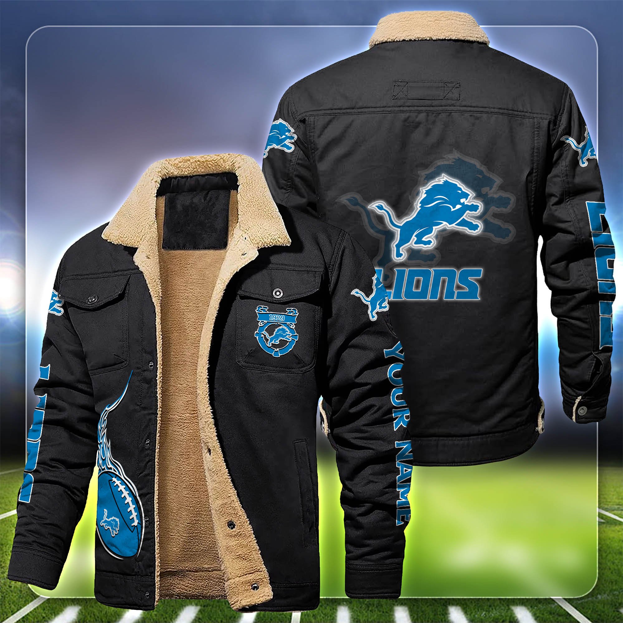 Detroit Lions Fleece Bomber Jacket Customized Your Name, Sport Team Jacket For Fans, Sport Gifts ETHY-53688